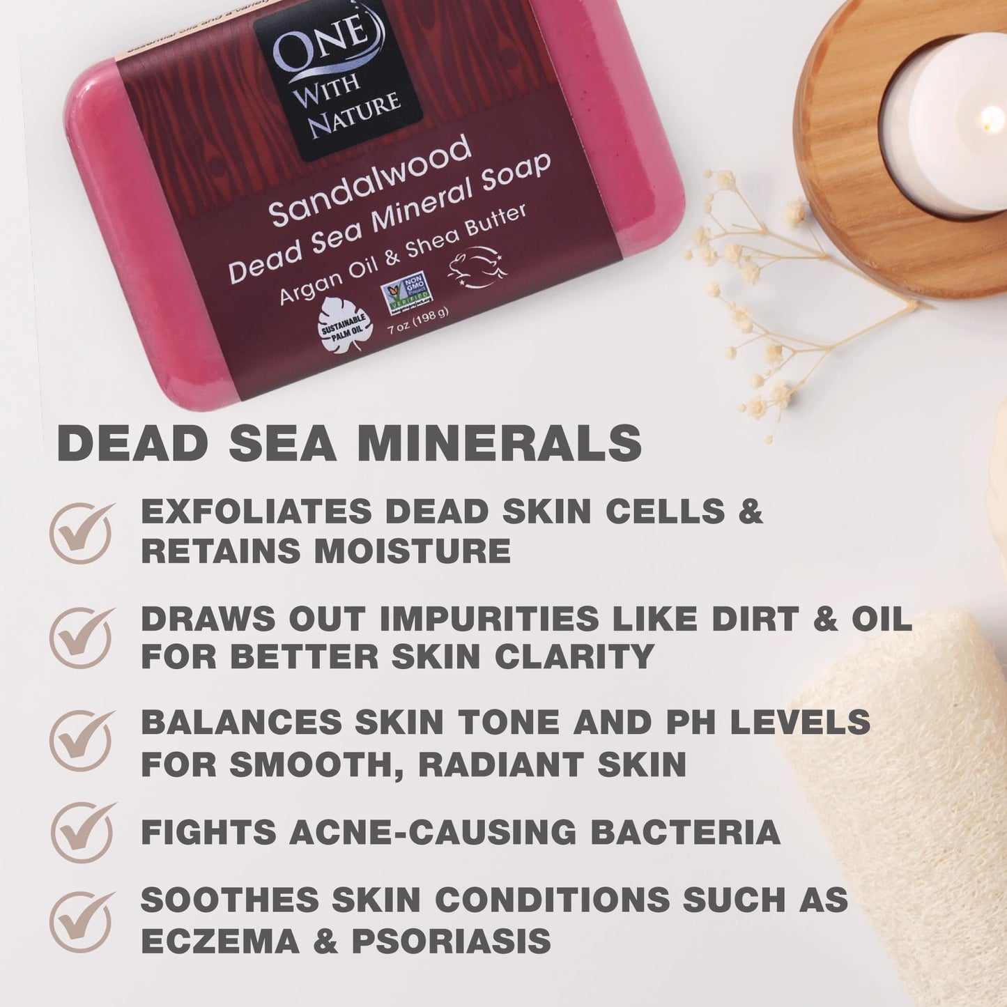 One With Nature Dead Sea Salt Sandalwood Soap 7oz 3-Pack - Purifying and Exfoliating Soap Bar with Dead Sea Minerals and Sandalwood for Face & Body
