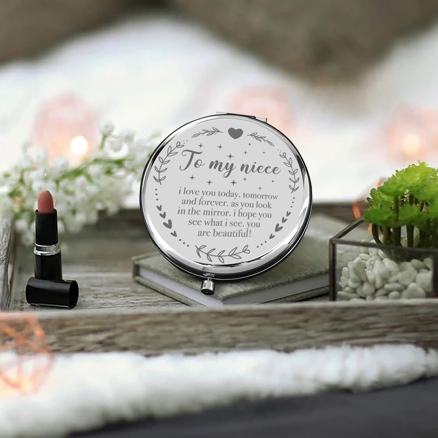 YSUNM Ming Heng Niece Gift Silver Travel Compact Makeup Mirror, Graduation & Birthday Gift Ideas