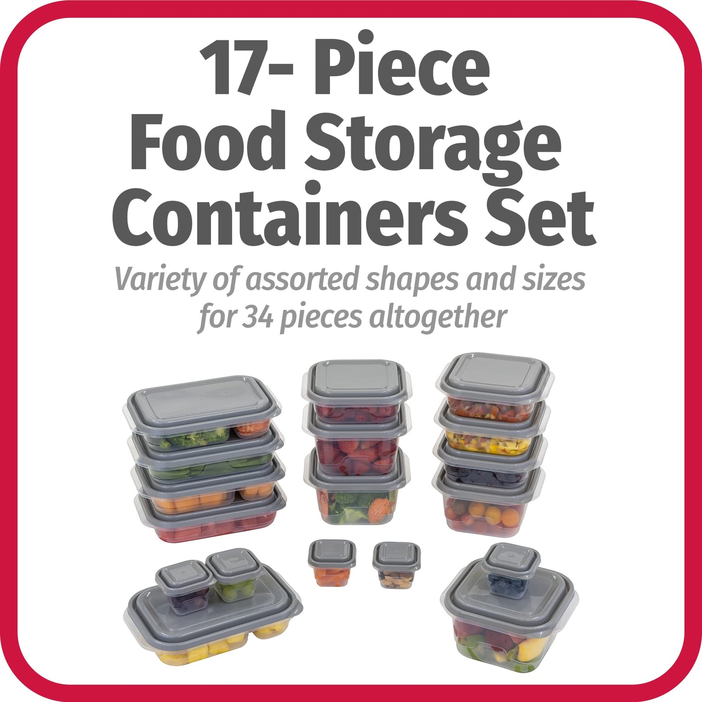 GoodCook EveryWare 34-Piece BPA-Free Plastic Food Storage Containers with Lids (Set of 17), Clear/Grey