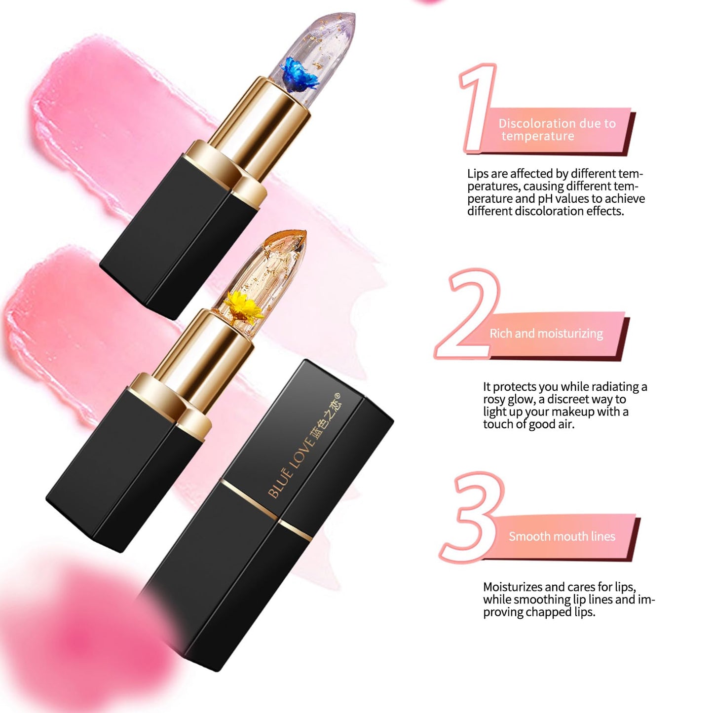 BLUE LOVE 3-Piece Color Changing Flower Jelly Lipstick Set - Nourishing Clear Lip Balm with Flower, Long-Lasting Moisturizing Lip Gloss (3Pc Gold) Beauty and Personal Care BLUE LOVE
