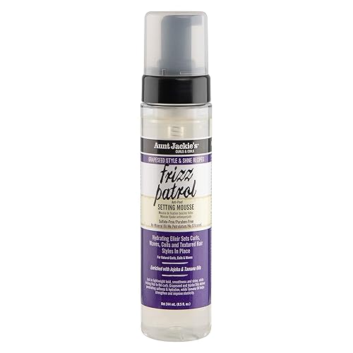 Aunt Jackie's Grapeseed Style and Shine Recipes Frizz Patrol Anti-Poof Setting Hair Mousse, Sets Curly Hair Styles in Place,Purple Fl.Oz 8.5 Ounce