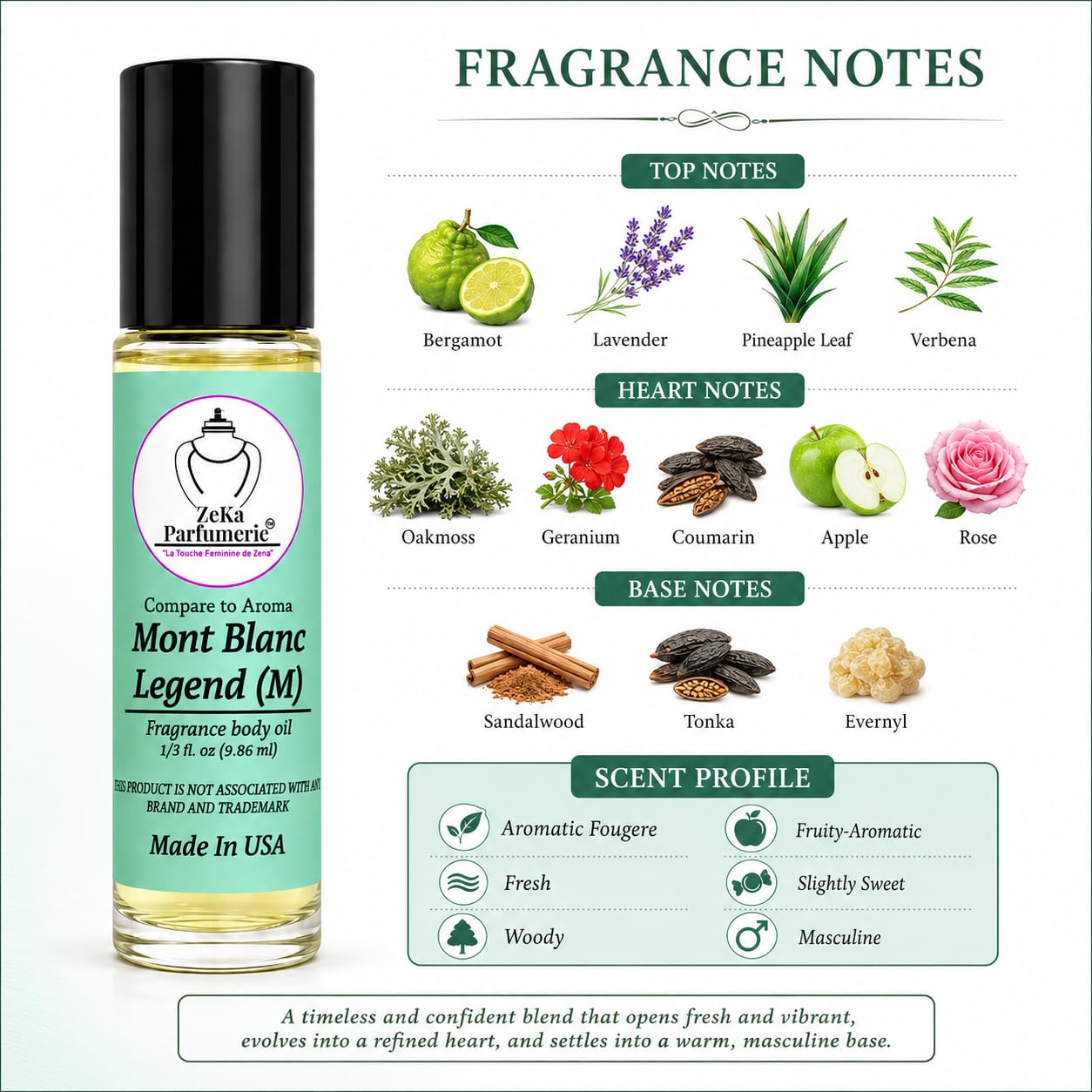 ZEKA PARFUMERIE Compare to Aroma compatible with Mont Blanc Legend for Men Fragrance Body oil on 1/3 oz (9.86ml) size Roll-On Botlle
