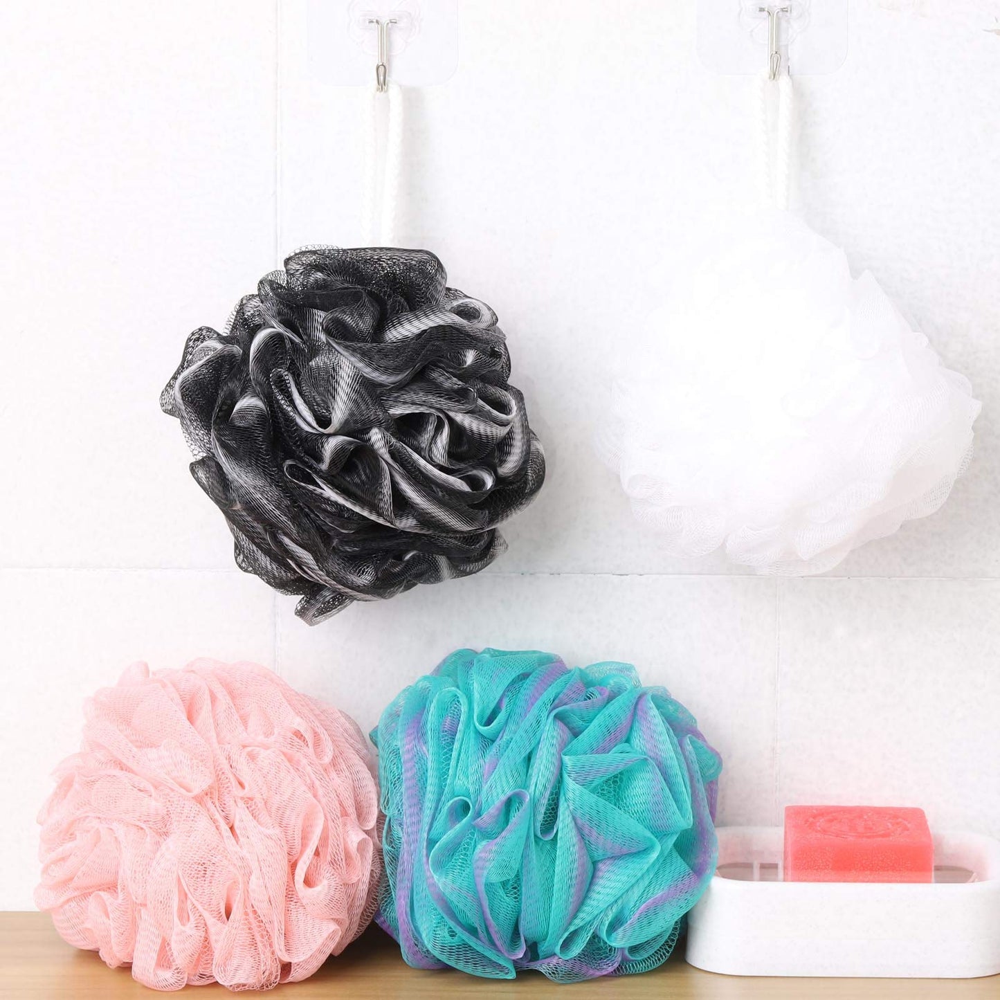 BTYMS 4 Pieces Shower Loofahs Bath Sponges 60g/pcs Mesh Puffs Body Scrub Luffas Bath Scrunchies for Shower Exfoliate
