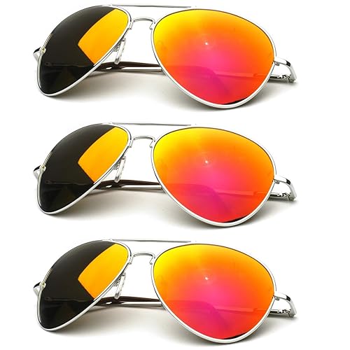 zeroUV - Premium Full Mirrored Aviator Sunglasses w/Flash Mirror Lens (3-Pack Silver | Orange)