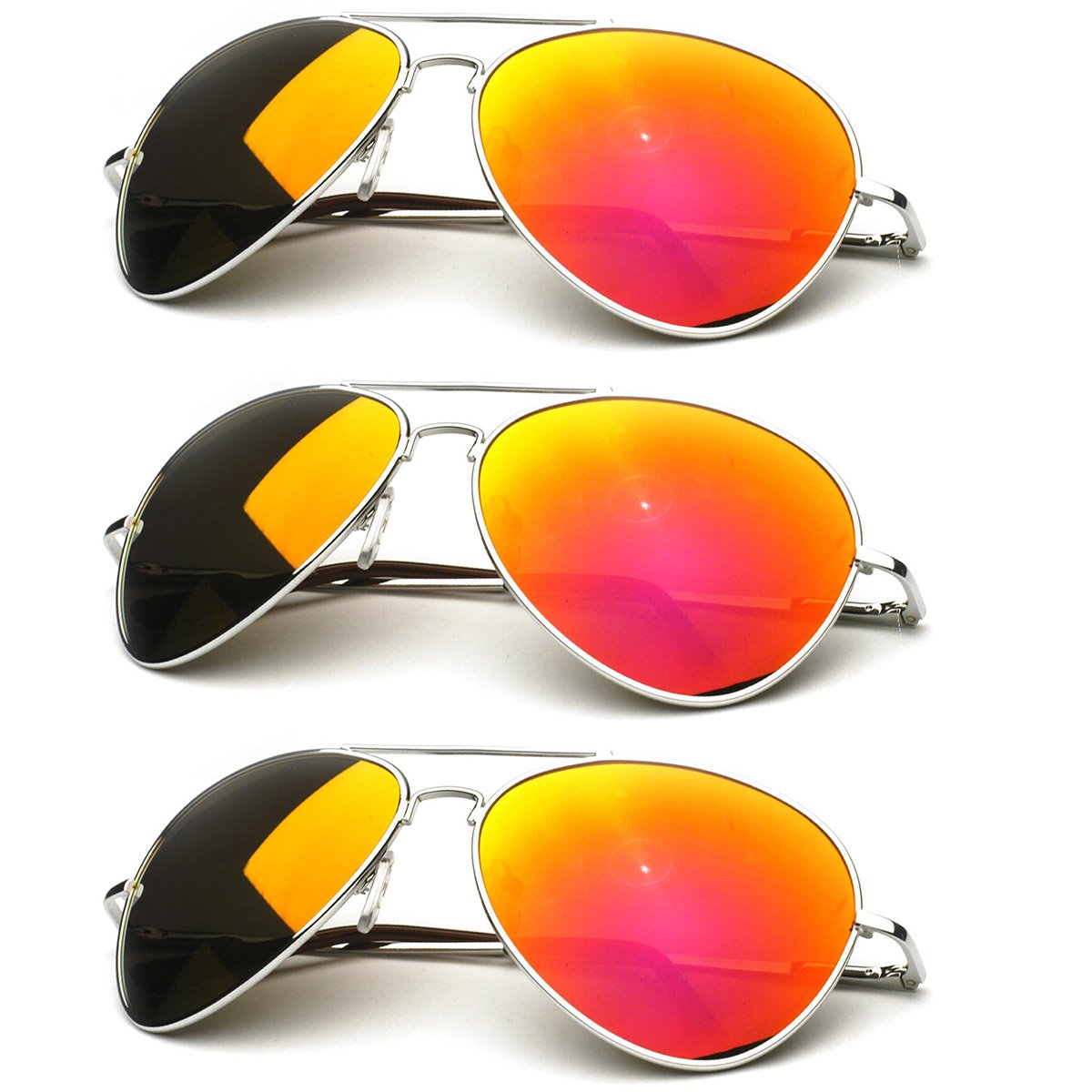 zeroUV - Premium Full Mirrored Aviator Sunglasses w/Flash Mirror Lens (3-Pack Silver | Orange)