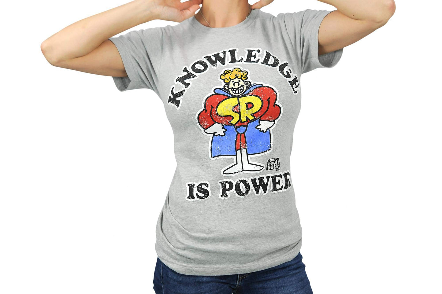 Schoolhouse Rock! Knowledge is Power Adult T-Shirt - Grey, Light-Weight, Short-Sleeve, Unisex, Crew Tee - Features Schoolhouse Rocky Caped Superhero