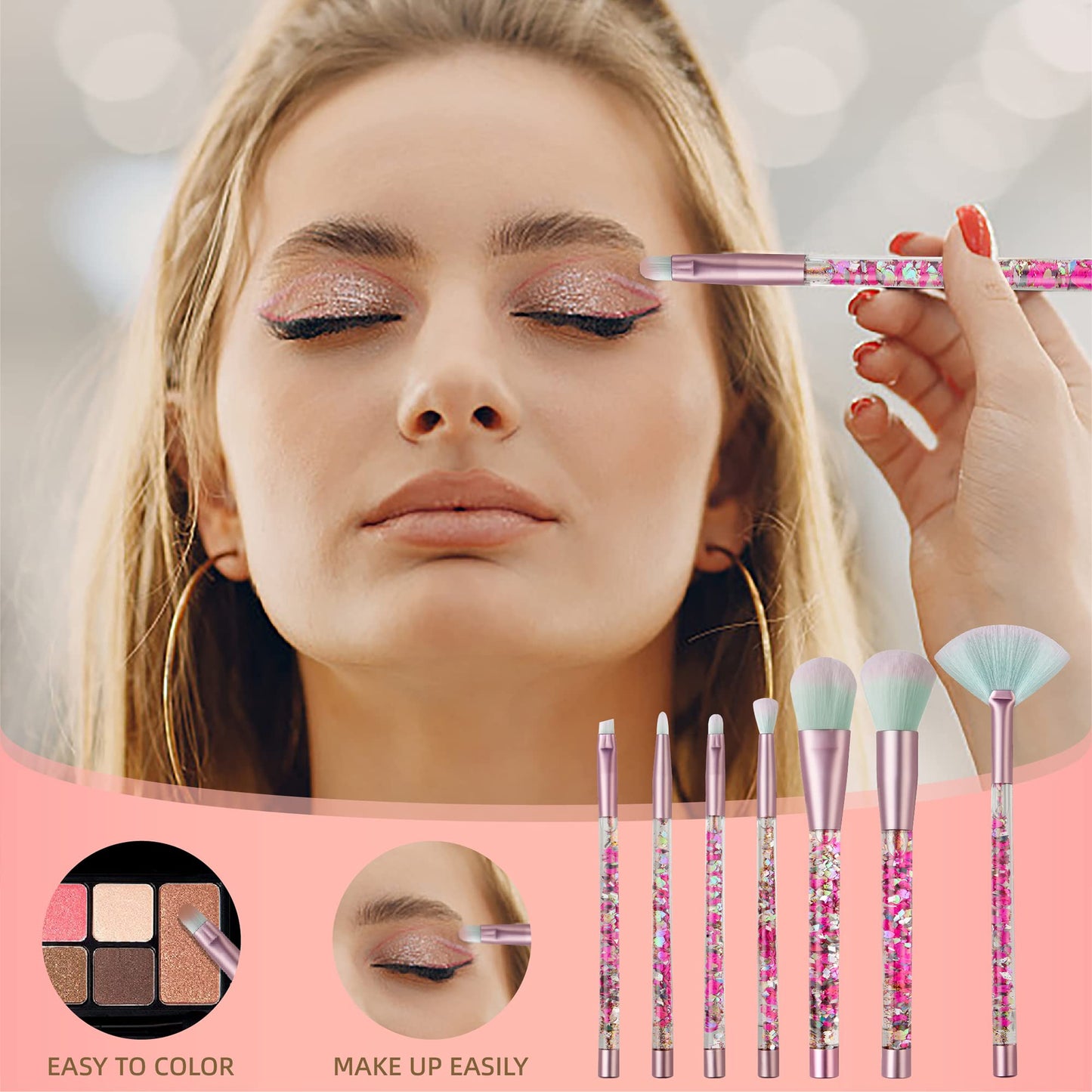 Hawetimher Makeup Brush Set Pink Glitter,Unicorn Foundation Sparkles Cute Fan Powder Blush Lip Highlight Eye shadow Eyebrow Makeup Brushes Set
