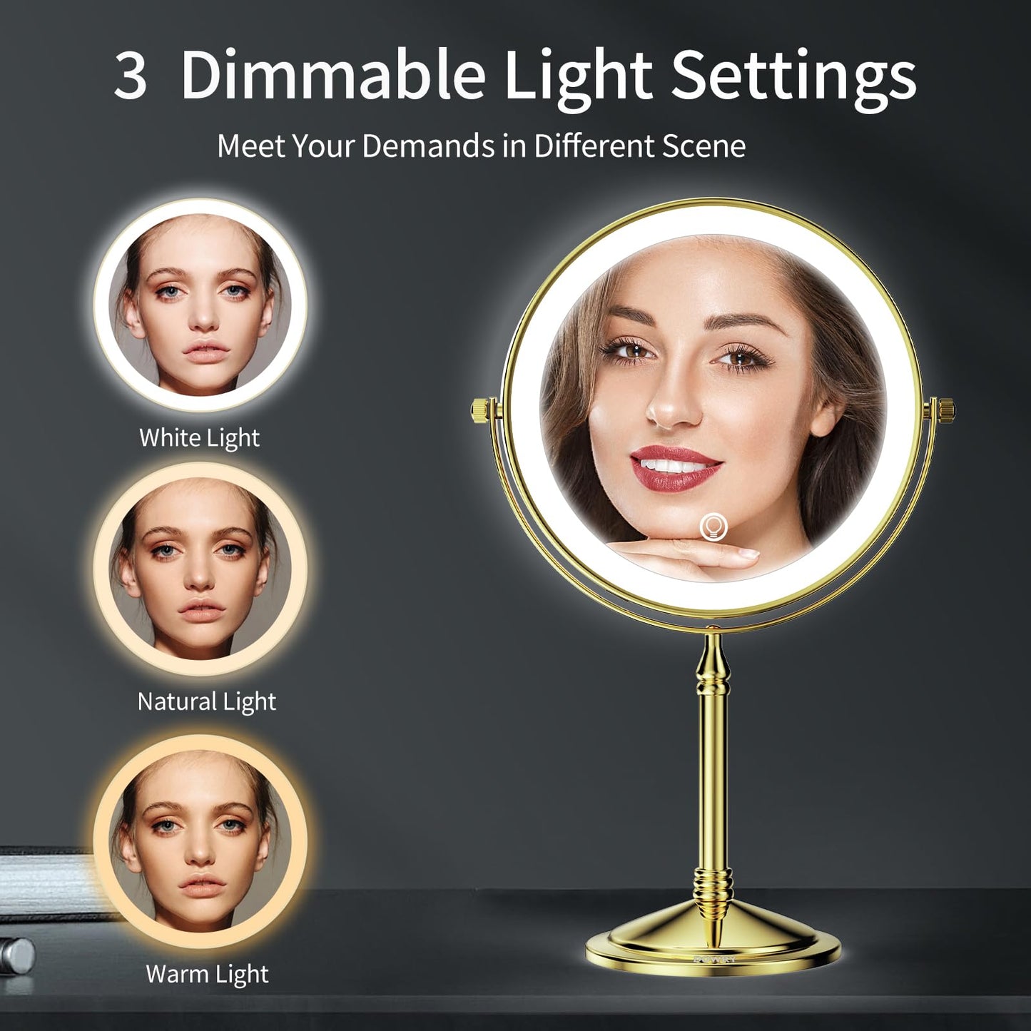 DOWRY 4000 mAh Rechargeable Lighted Makeup Mirror 10x Magnification Vanity Mirror Tabletop Two-Sided Swivel Gifts for Women Wife Mom Teengirls Gold