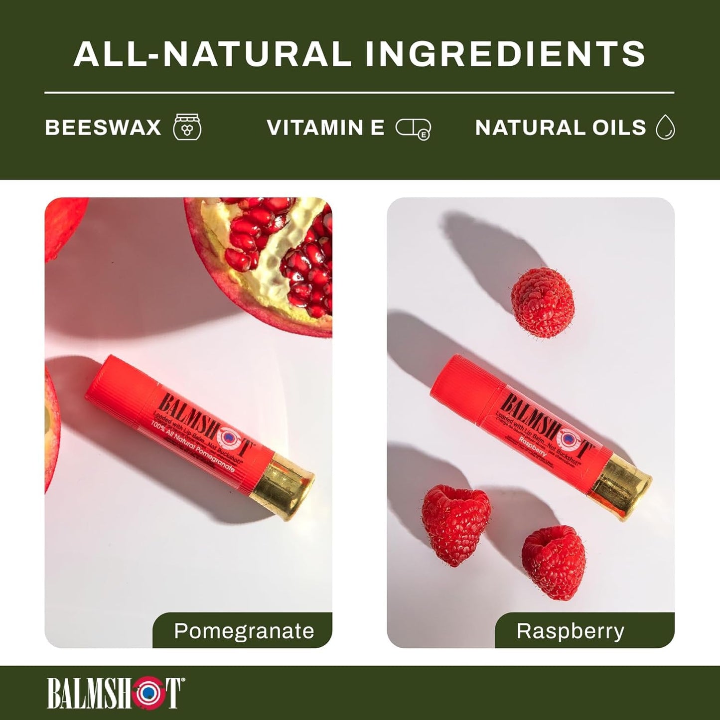BALMSHOT Lip Balm 4-Pack - Fruit Combo Variety Pack - (2) Pomegranate & (2) Raspberry - SPF 15 Beeswax Formula - 20-Gauge Brass Shotgun Shell Tube