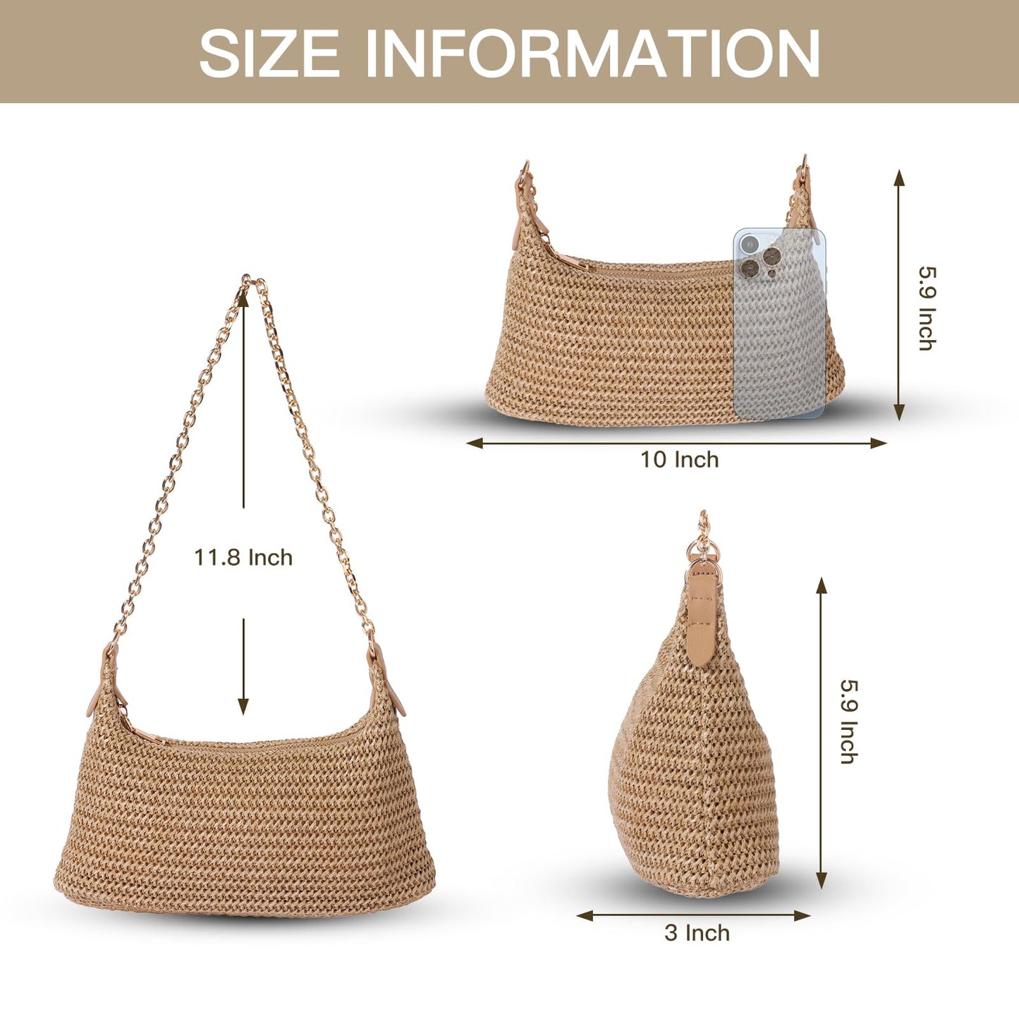GOLDTIMO Women's Straw Woven Beach Bag Summer Vacation Shoulder Purse, Brown