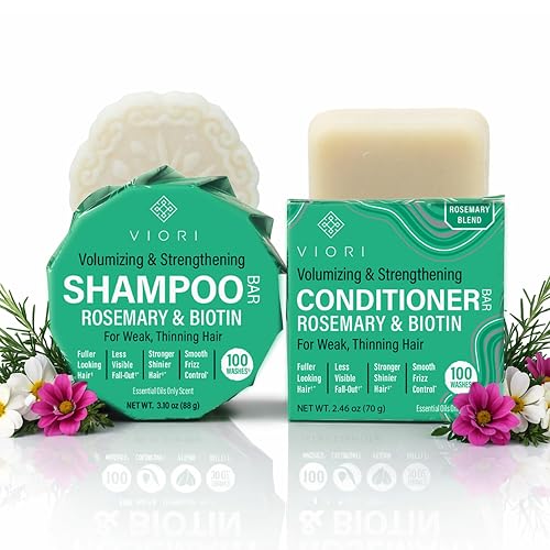 Viori Rosemary Shampoo Bar and Conditioner Set with Biotin - Rice Water Solid Hair Bars for Thinning Hair - Strengthening, Shine, Scalp Care - Plastic