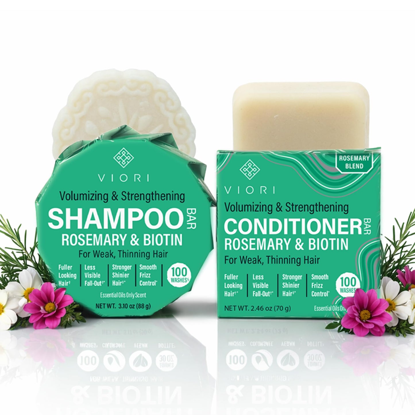 Viori Rosemary Shampoo Bar and Conditioner Set with Biotin - Rice Water Solid Hair Bars for Thinning Hair - Strengthening, Shine, Scalp Care - Plastic