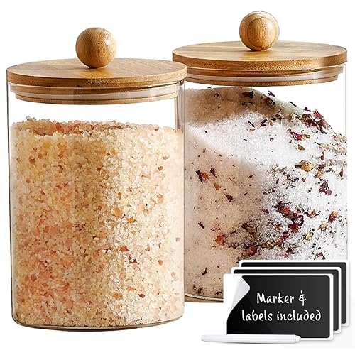 Set of 2 Large Glass Canisters for Kitchen Counter with Airtight Bamboo Lids + Marker & Labels - Cookie Jars with Wooden Lid, Food Storage Containers…