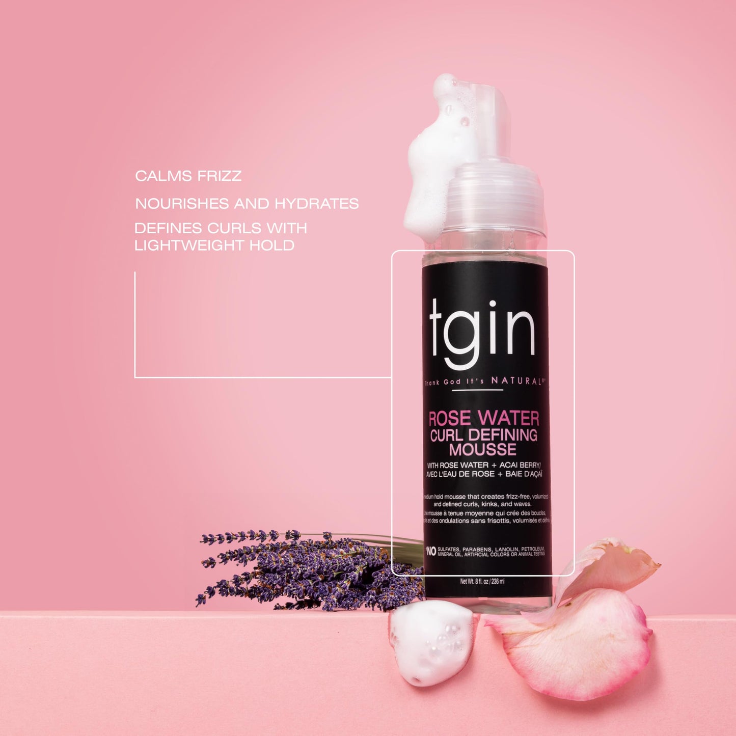 tgin Rose Water Curl Defining Mousse - Curly Hair Products with Lightweight Hold - Moisturizes and Defines Waves Without Crunch - Hair Mousse Without