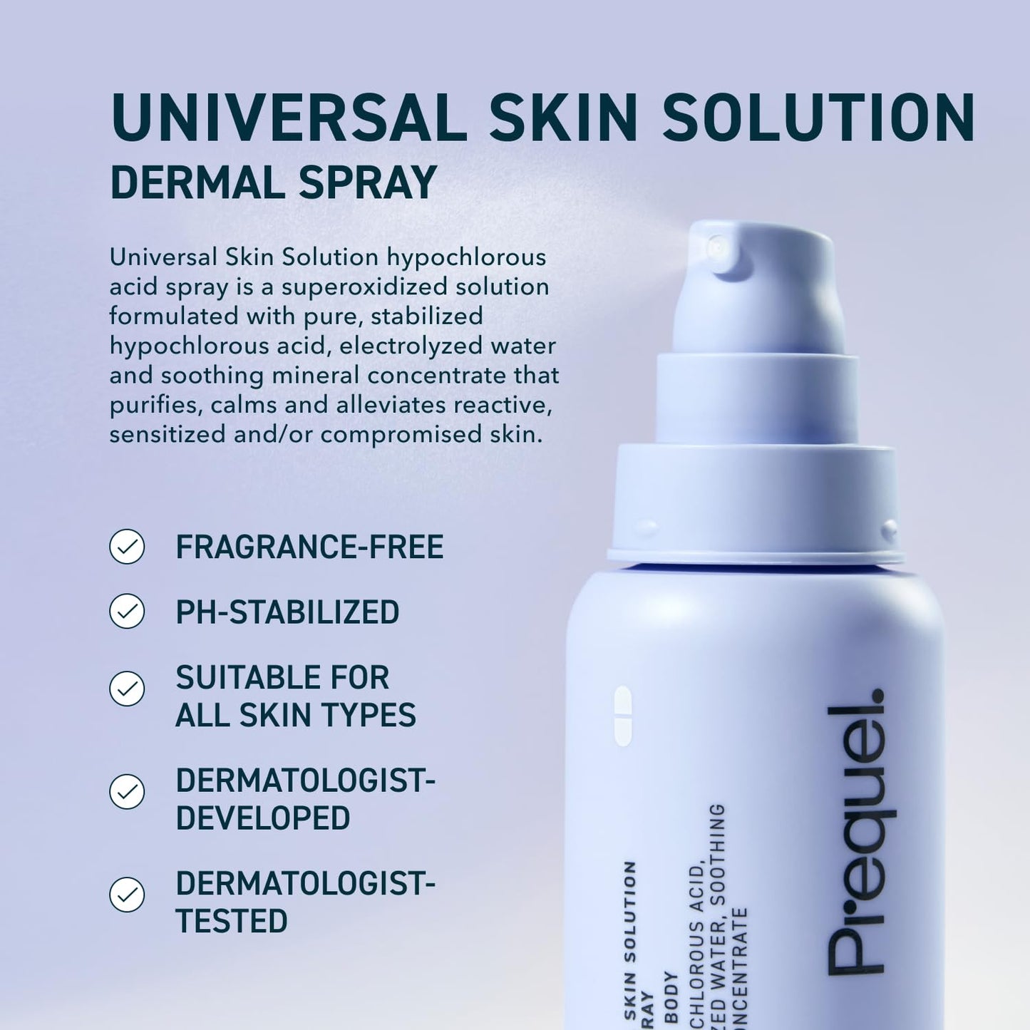 Prequel Skin Universal Skin Solution Hypochlorous Acid Spray for Face and Body. Fine Mist HOCL Facial Cleanser and Dermal Spray with Minerals
