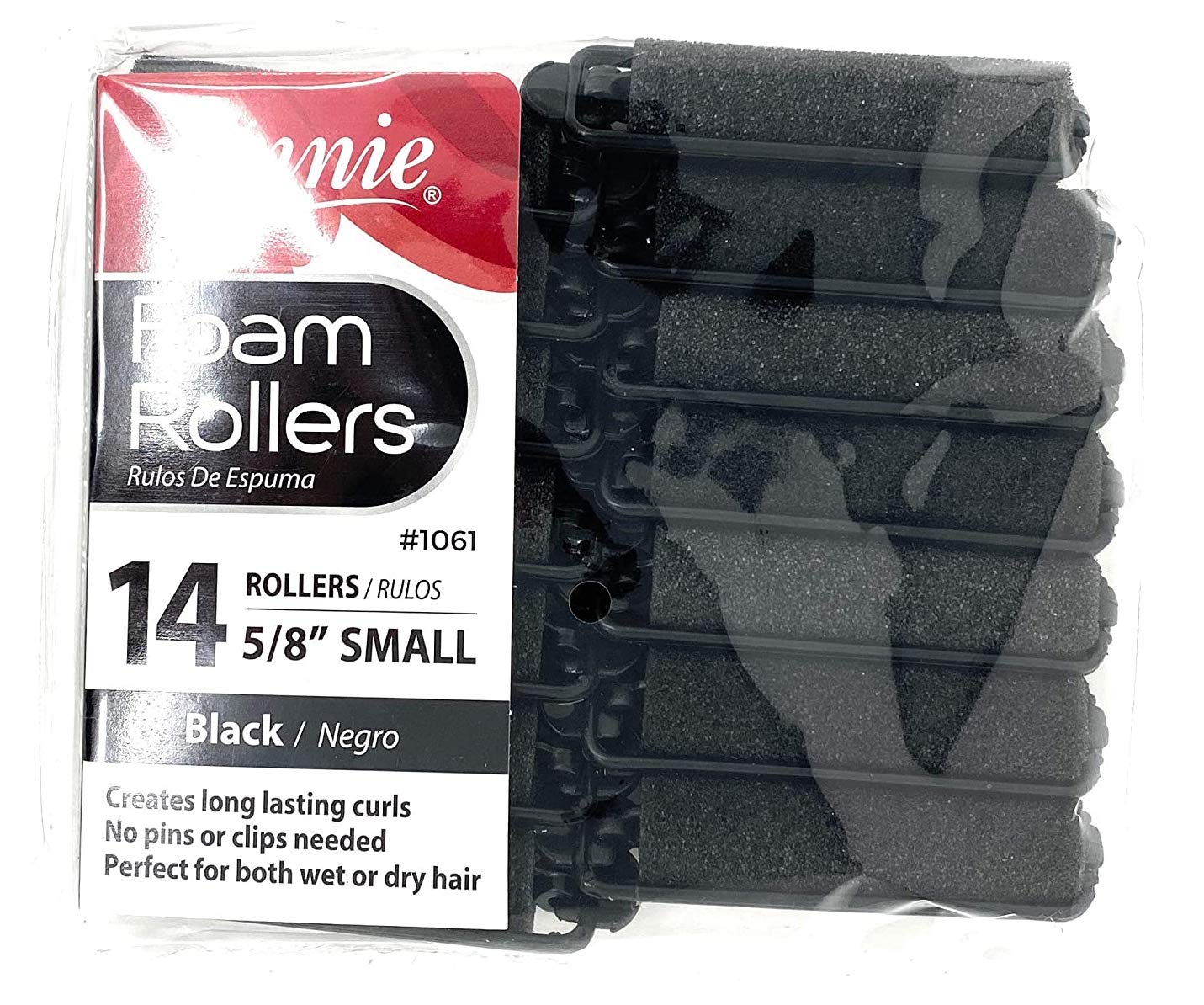 Annie- Salon Style Small Foam Hair Rollers - (5/8") Black - (14) Piece Set - Soft Heat-less Hair Curling Tools
