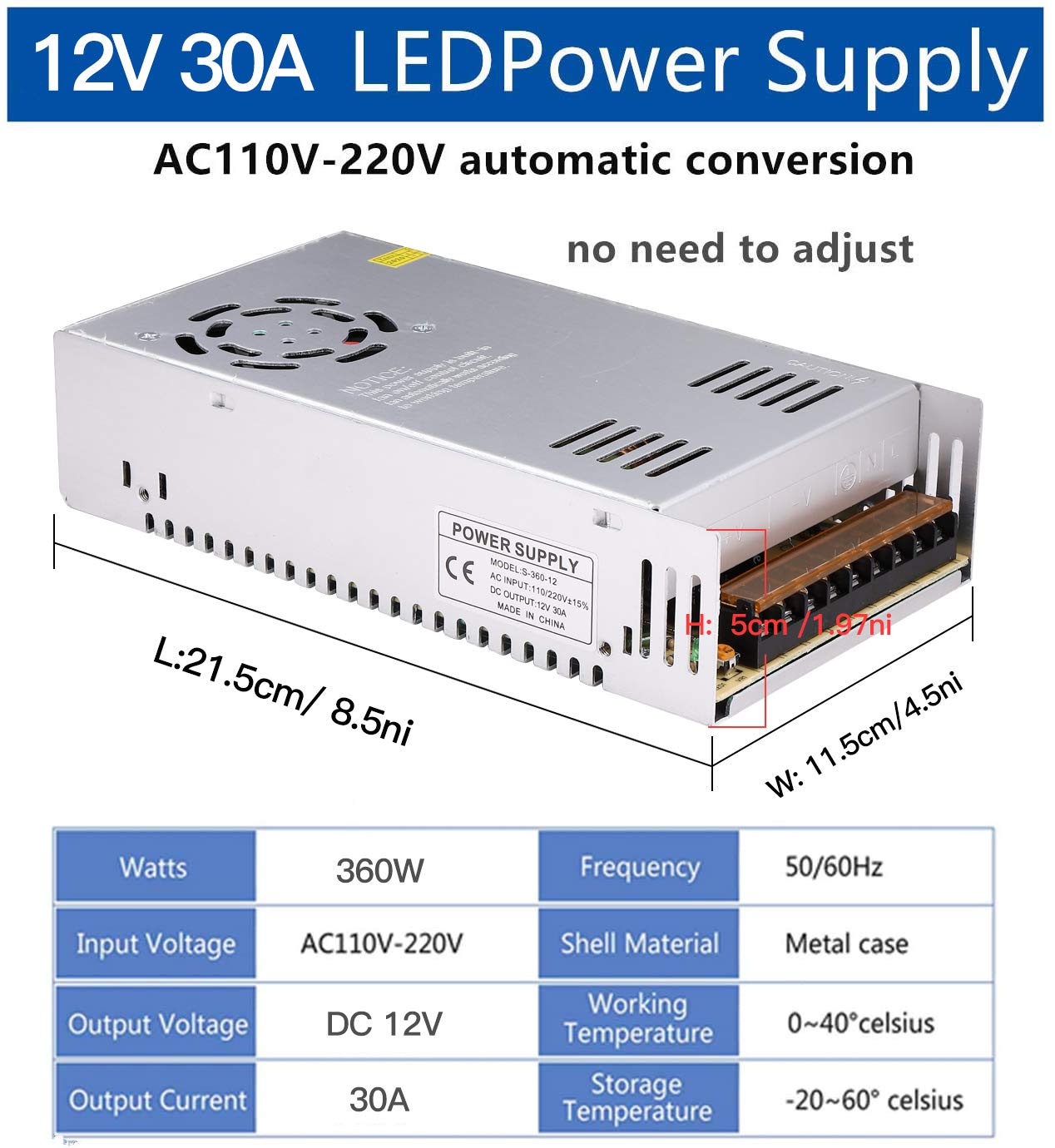 DC 12V 30A Power Supply 360W – Universal Regulated Switching AC to DC Converter 110V/220V SMPS Adapter for LED Strip, CCTV, Radio, Computer