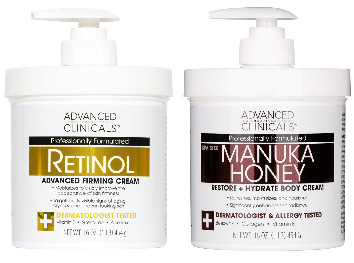 Advanced Clinicals Unscented Retinol Body Lotion & Face Moisturizer + Manuka Honey Body Cream For Women & Men | 2PC Skincare Set Helps Reduce
