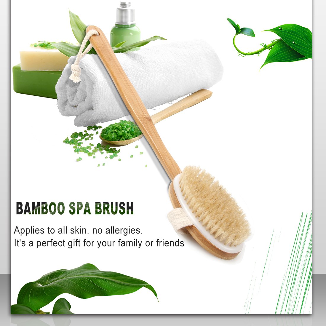 Bath Body Brush & Shower,Dry Skin Brushing with 100% Natural Boar Bristles & 16 inches Long Bamboo Detachable Handle,Back Scrubber for Exfoliates
