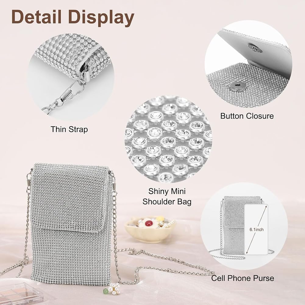 KDUPUP Rhinestone Crossbody Cell Phone Purse Wallet Clutch Glitter Crystal Evening Handbags Bling Shoulder Strap Smart Phone Bag (Silver)
