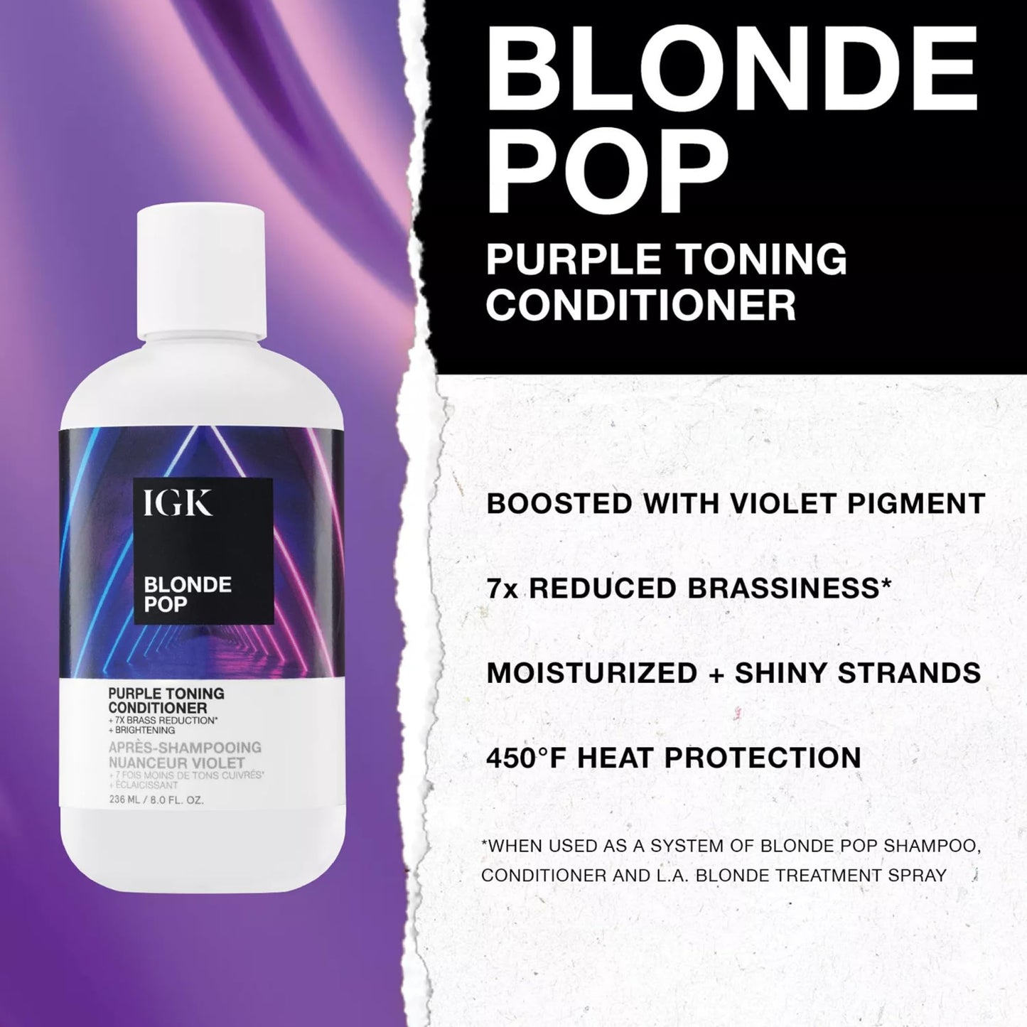 IGK BLONDE POP Purple Toning Conditioner | Hydrates, Brightens + Neutralizes Brass for Blonde & Highlighted Hair | Vegan + Cruelty Free | 33.8oz