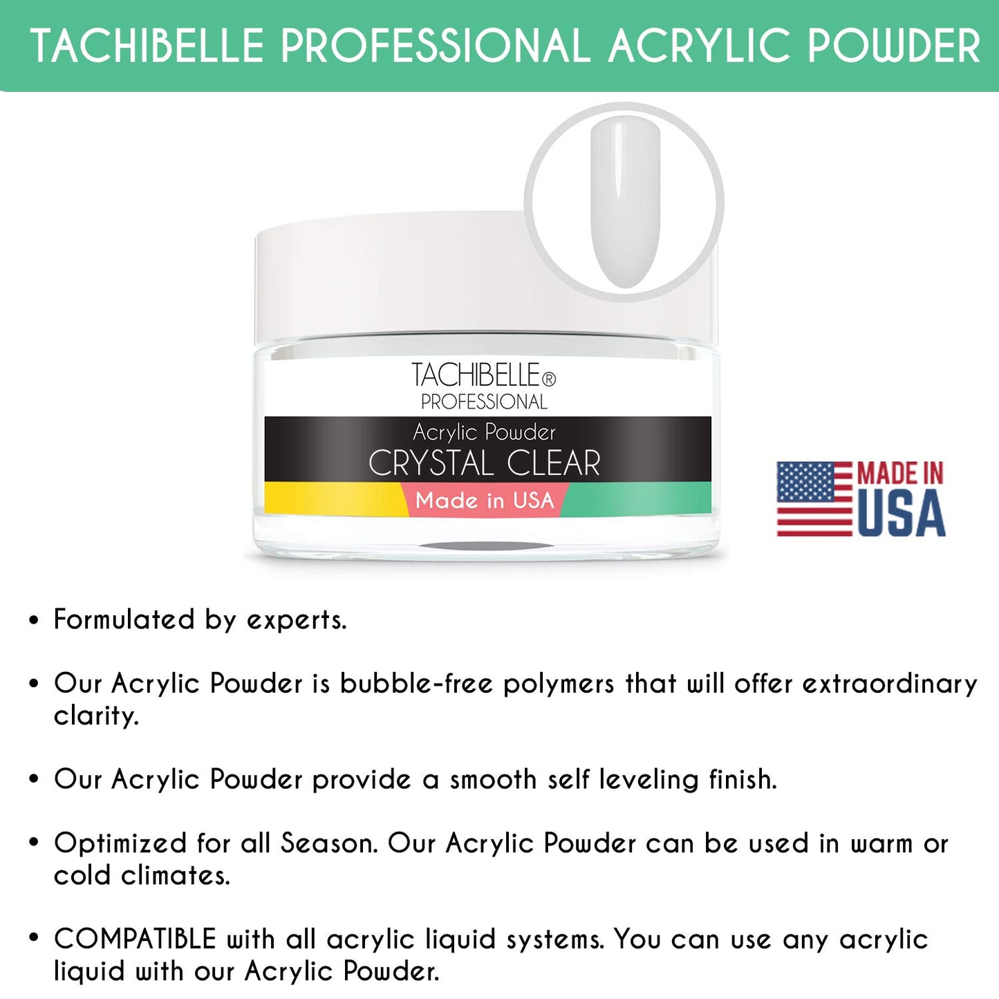 Tachibelle Professional Acrylic Nail System Acrylic Powder, 4 oz. Made in USA. Used in Professional Salons. (Crystal Clear 4oz)