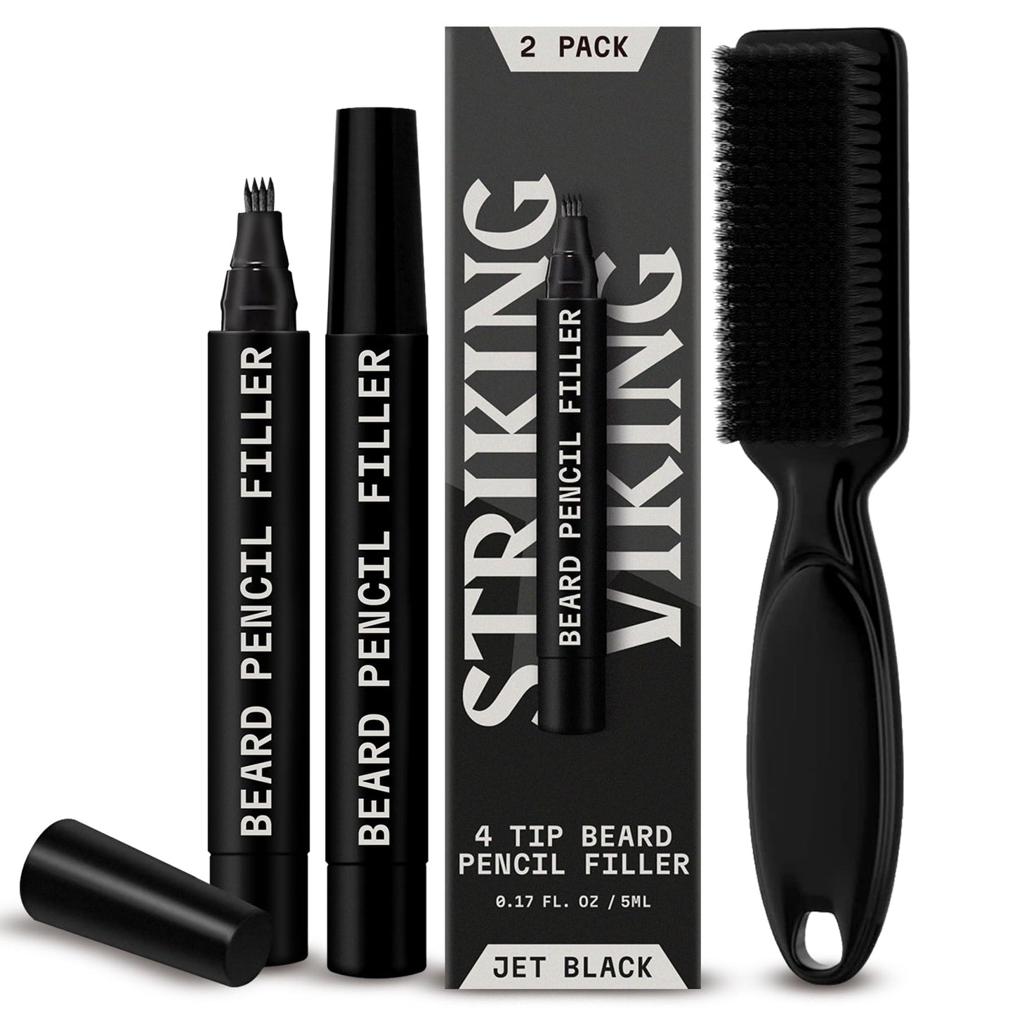 Striking Viking Beard Pencil Filler for Men - Pack of 2, Jet Black - Waterproof Long-Lasting Beard Pen - 4-Pronged Tip for Gap Repair & Barber Pencil