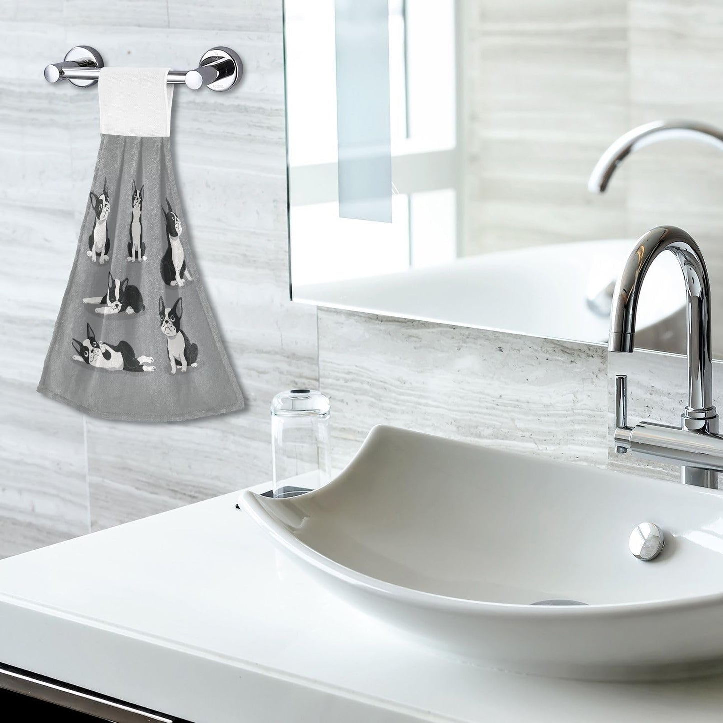 Aslsiy Boston Terrier Dog Hanging Kitchen Towels Cute Puppy Hand Tie Towel Fast Drying Dish Tea Towels for Bath Tabletop Gym Home Decor Set of 2