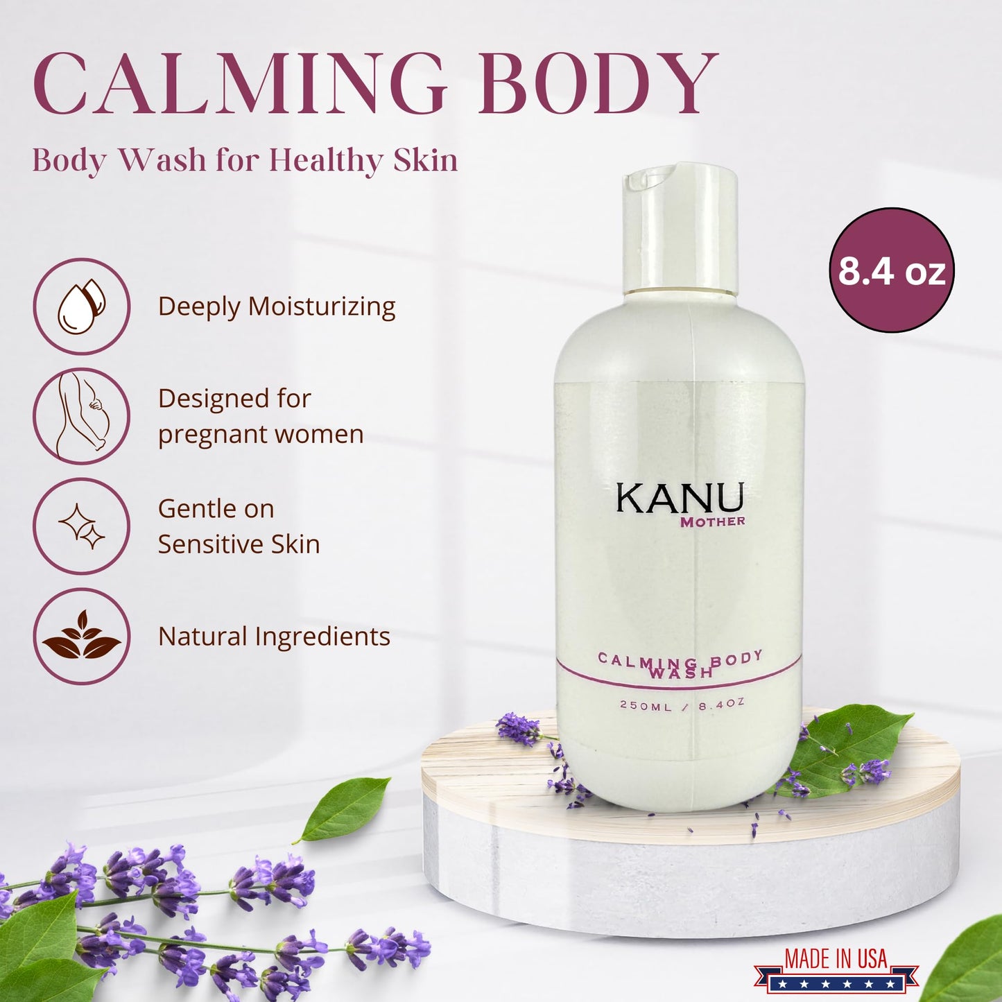 KANU Mother Lavender Calming Body Wash for Pregnancy 8.4 Oz- Soothing & Hydrating- Natural Prenatal Skincare for Relaxation and Stress Relief- Basket Beauty & Personal Care KANU
