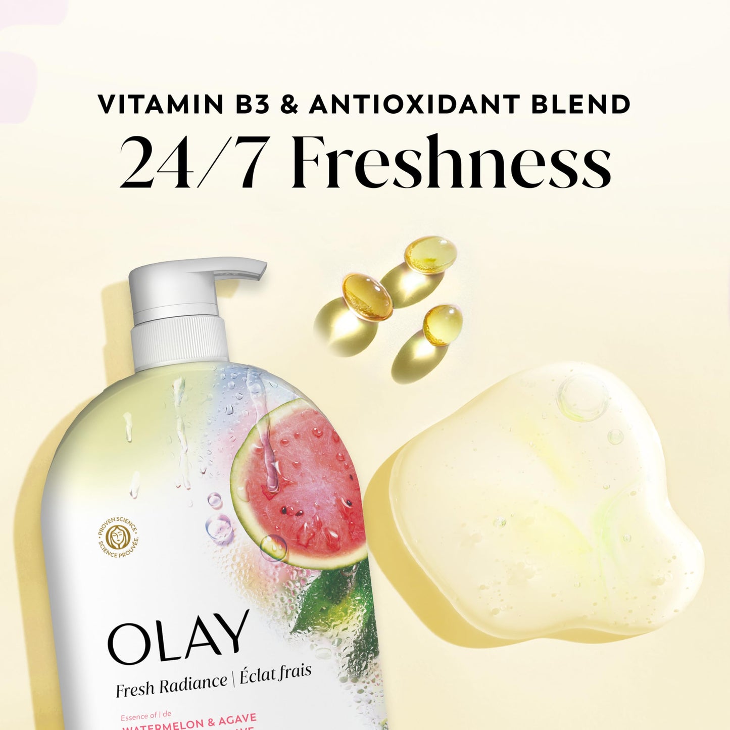 Olay Body Wash for Women, Fresh Radiance, 24/7 Skin-Loving Freshness, Visibly Radiant, Plant Based Cleansers, Vitamin B3 & Antioxidant Blend, For All