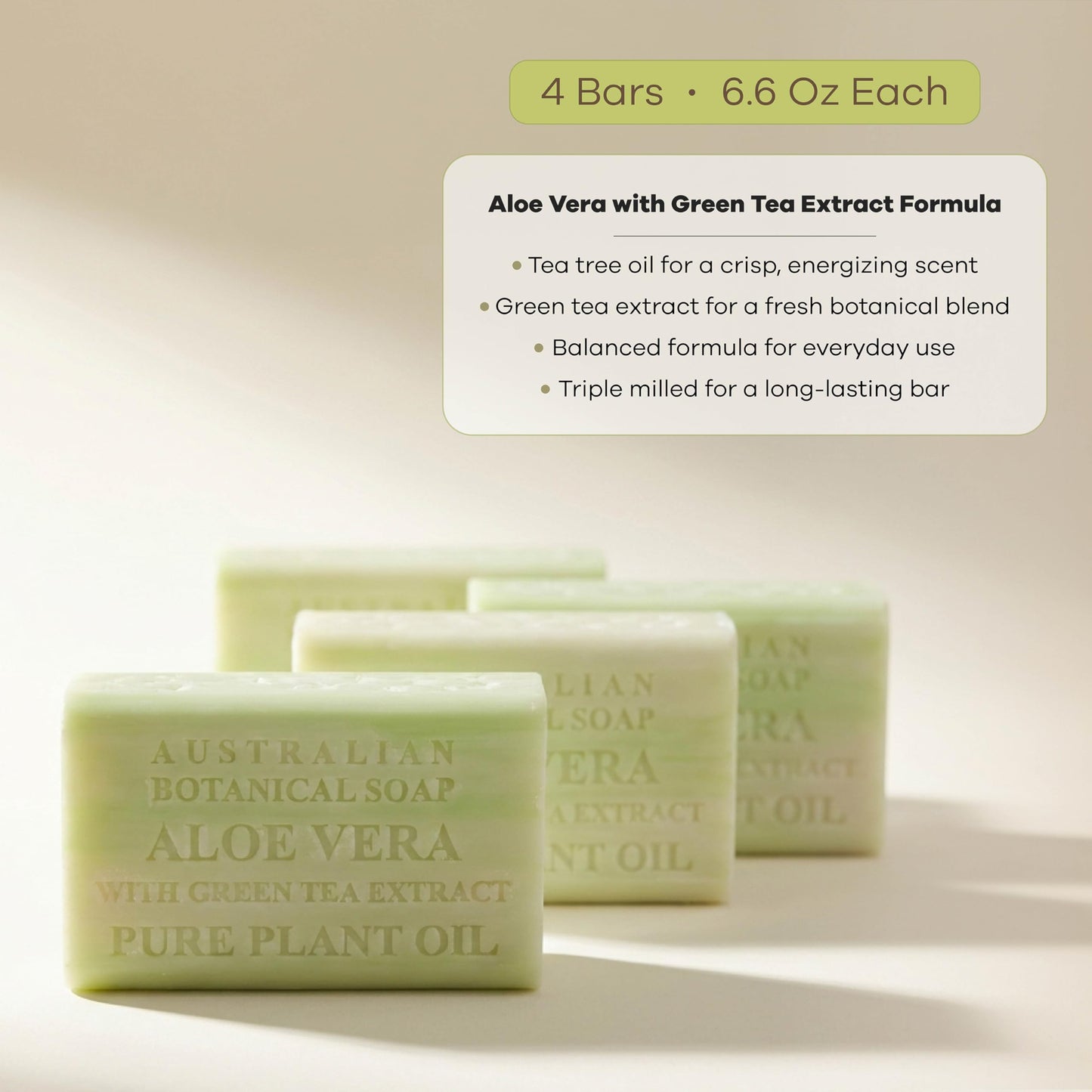 Australian Botanical Soap Aloe Vera with Green Tea Extract - Triple Milled 6.6 oz Bar Soap with Shea Butter, Face Hand & Body Bars, 4 Pack