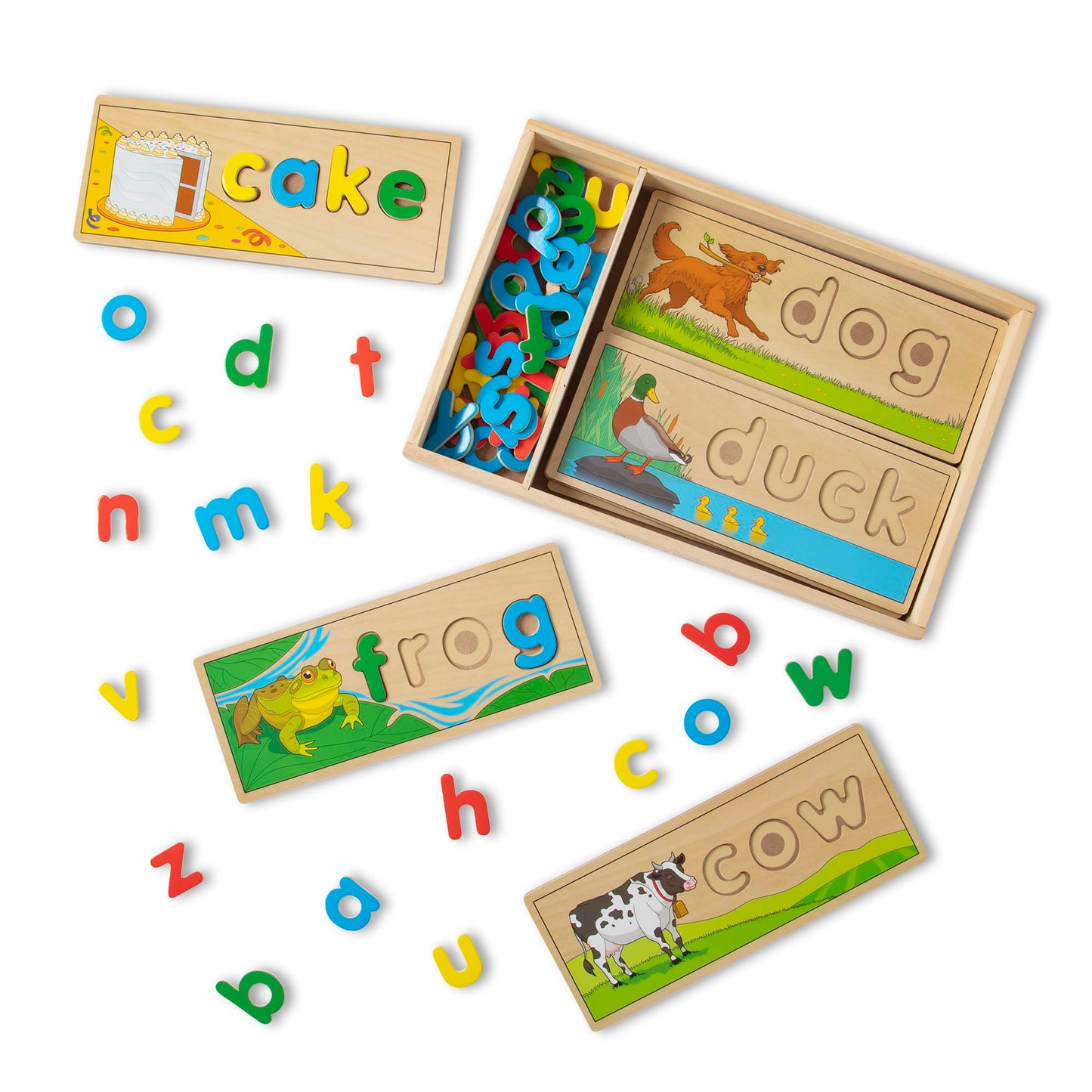 Melissa & Doug See & Spell Wooden Educational Toy – 8 Double-Sided Spelling Boards & 64 Letters, Preschool Learning for Kids Ages 4+