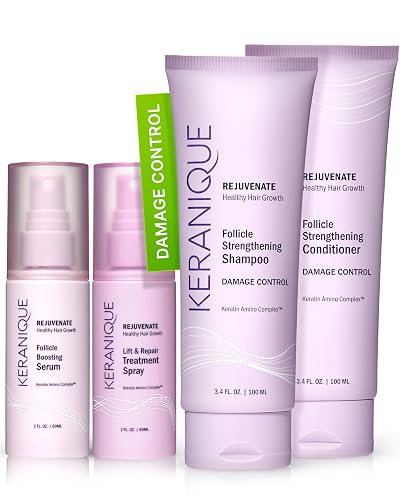 Keranique Damage Control Set for Thinning Hair - Shampoo & Conditioner for Damaged Hair, Follicle Booster Serum, Lift & Repair Spray - Keratin