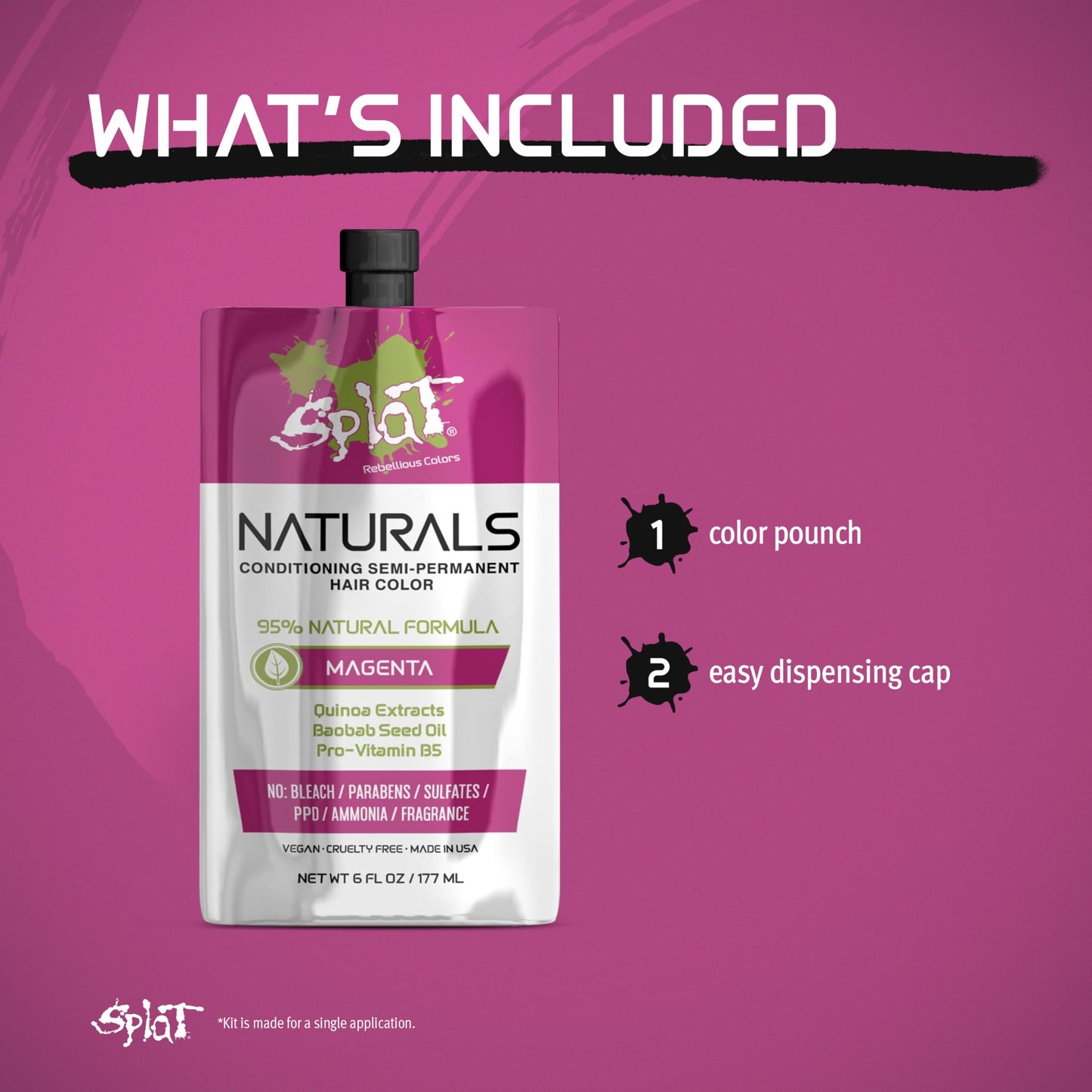 Splat Naturals Semi-Permanent Hair Color, Magenta, 6 fl. oz., 95% Natural Hair Dye Formula Lasts Up to 30 Washes, Vegan & Cruelty-Free