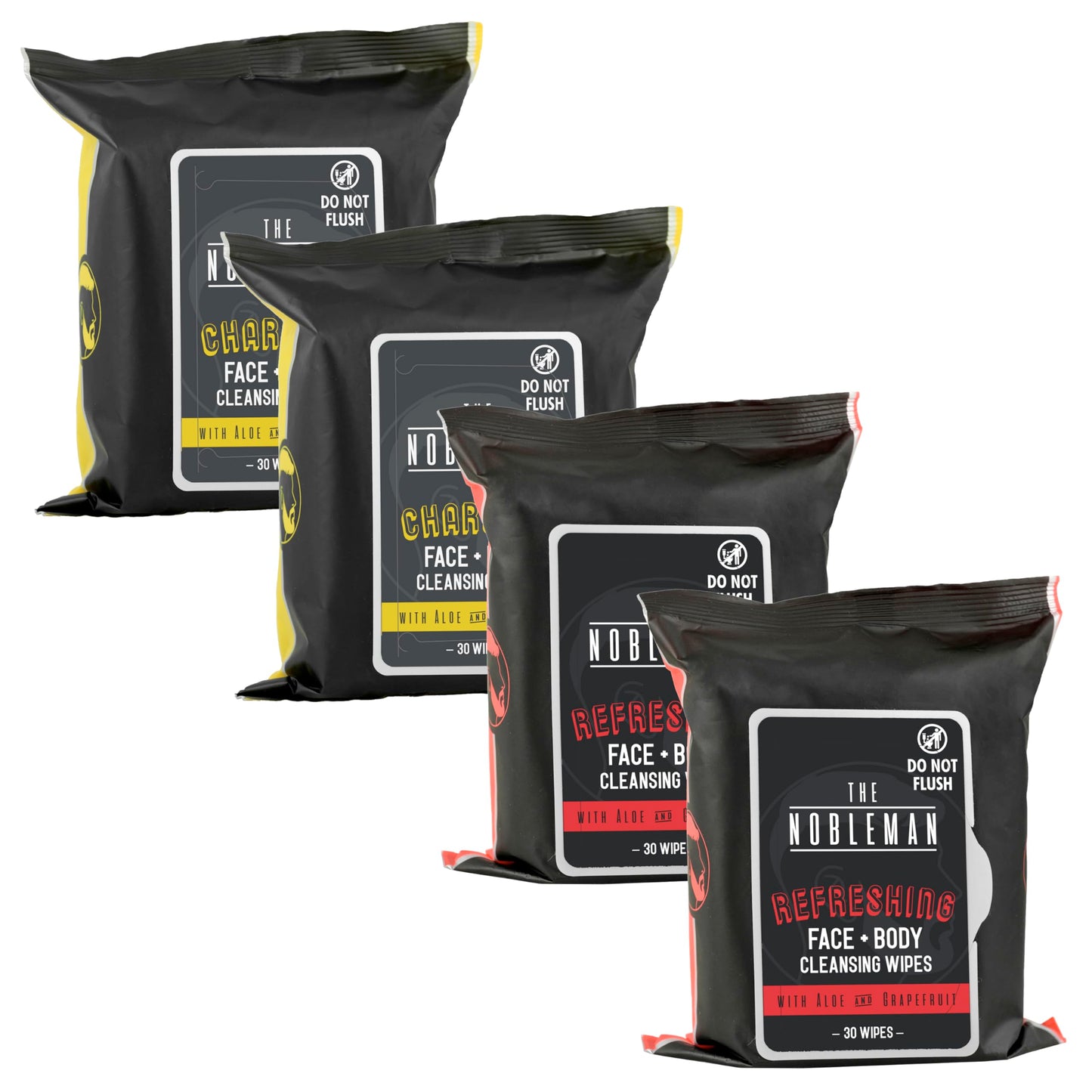 The Nobleman 4-Pack Face + Body Aloe Infused Cleansing Wipes: 2 Charcoal Packs with Chamomile and 2 Refreshing Packs with Grapefruit (120 Ct.)