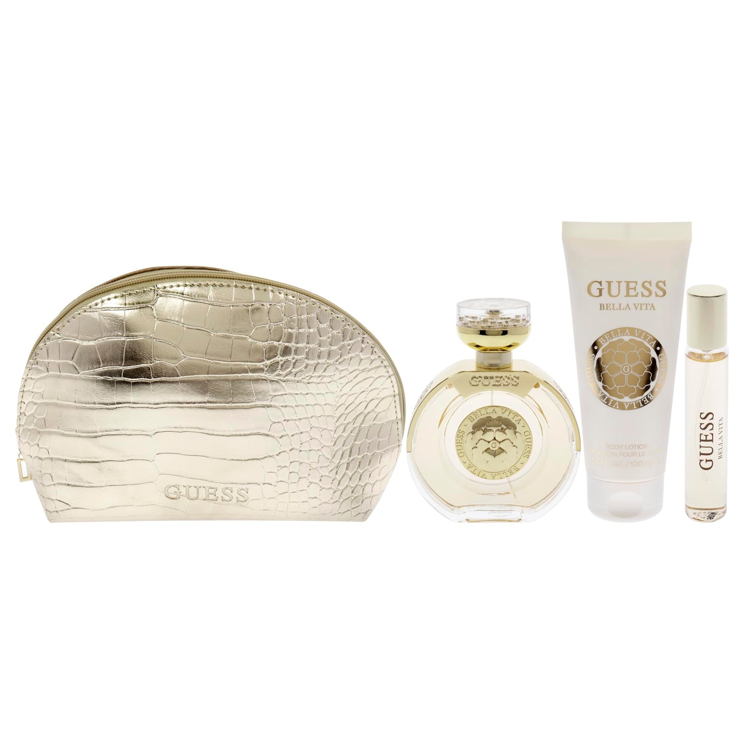 GUESS Bella Vita Eau de Parfum 4 Piece Gift Set For Women - Perfume Spray 3.4 Fl. Oz., Travel Spray 0.5 Fl. Oz., Body Lotion 3.4 Fl. Oz., & Pouch