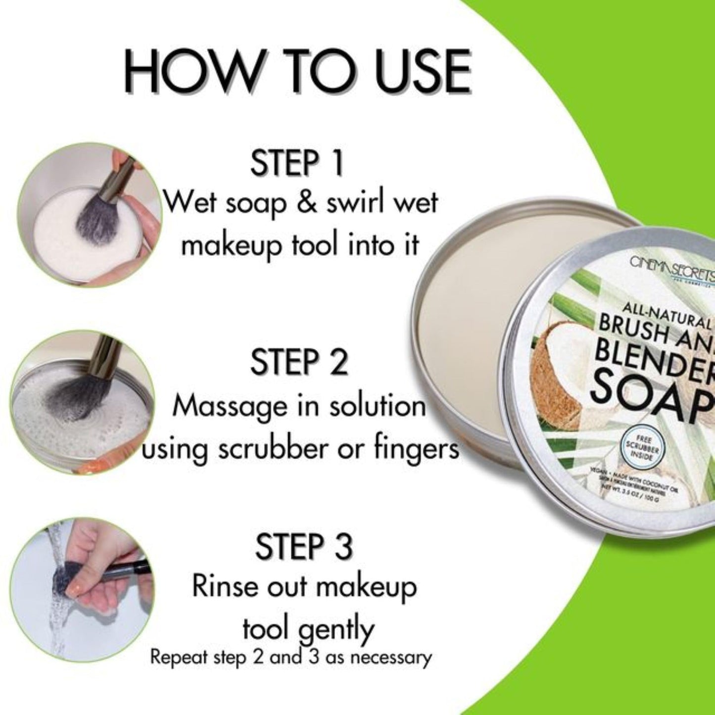Cinema Secrets Vegan Makeup Brush Cleaner Soap - Brush & Make Up Sponge Cleaner with Scrubber - Formulated with Coconut Oil for Deep Cleansing