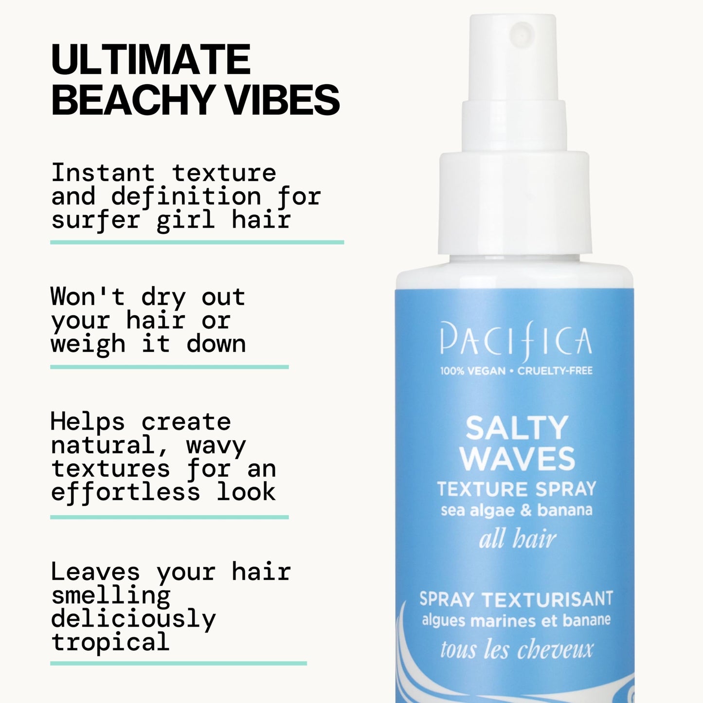 Pacifica Beauty, Salty Waves Texture Sea Salt Spray for Hair, Beachy Waves, Wavy Hair Products, Hydrating, Banana Scent, Curl Enhancing, Paraben Free