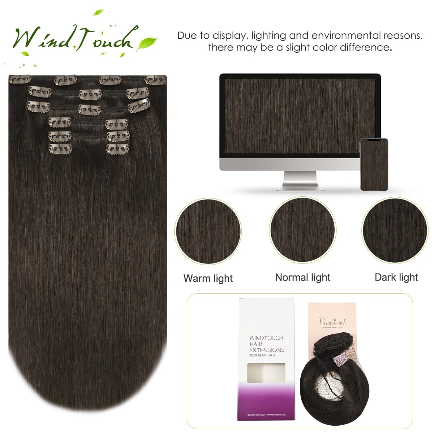 WindTouch Clip in Hair Extensions Real Human Hair Brown Extensions Clip in 12Inch 75g 7PCS #2 Dark Brown Hair Extensions for Women