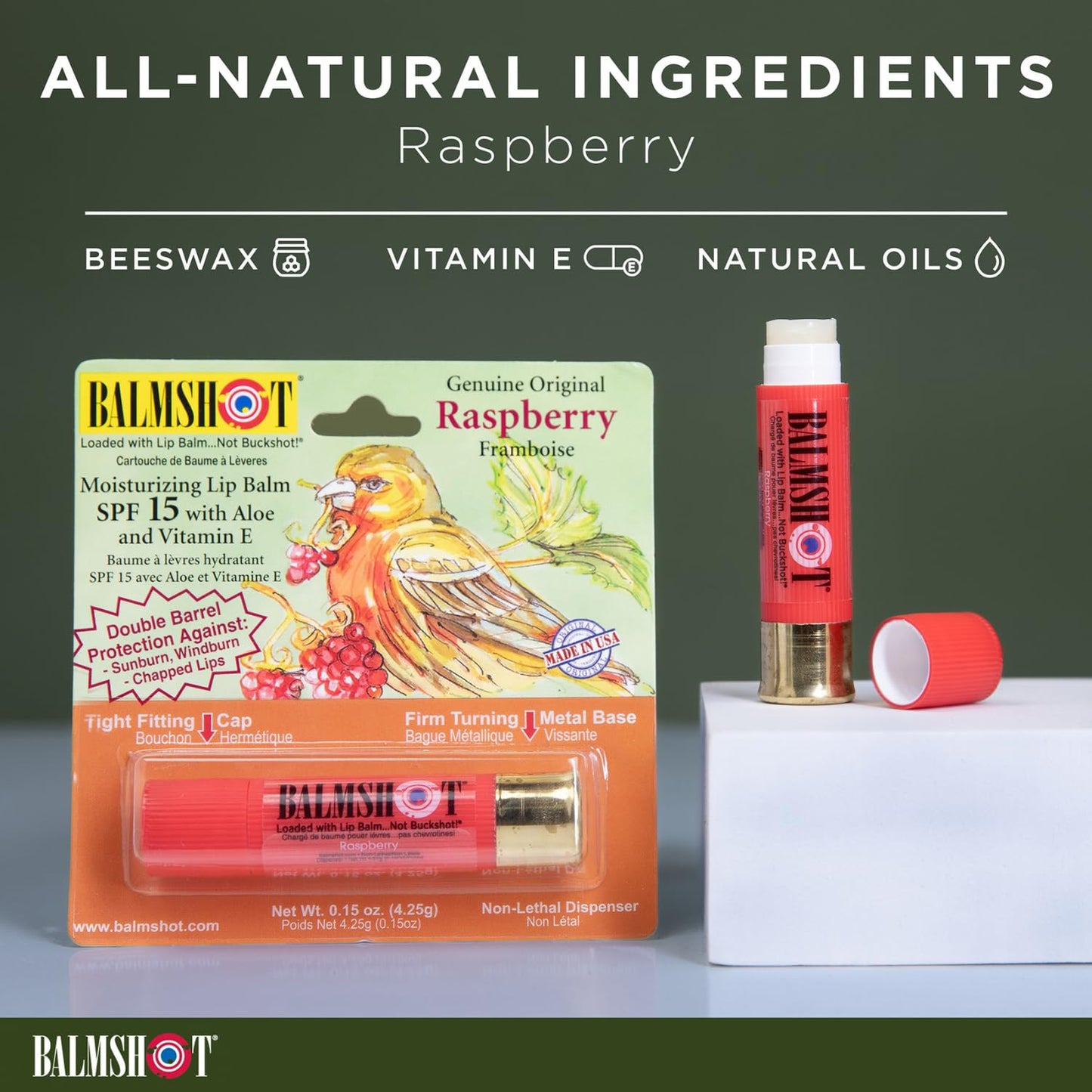 BALMSHOT Raspberry Lip Balm SPF 15 - Beeswax Chapstick for Dry Chapped Lips, 20-Gauge Brass Shotgun Shell Tube, Heat Resistant, Long Lasting Lip