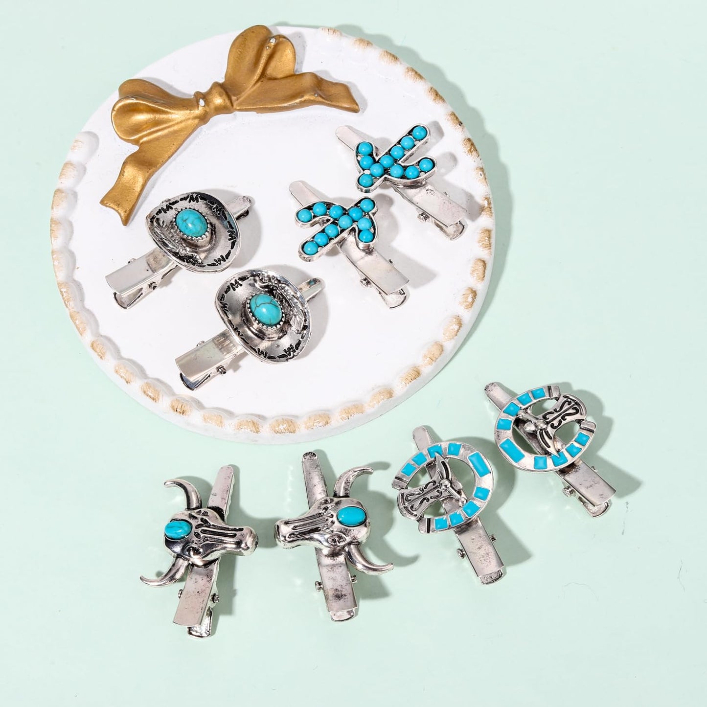 Western Cowboy Cowgirl Boot Hat Hair Clips - 8PCS Vintage Turquoise Star Lightning Cactus Hairpins - Women's Hair Accessories (Pattern A)