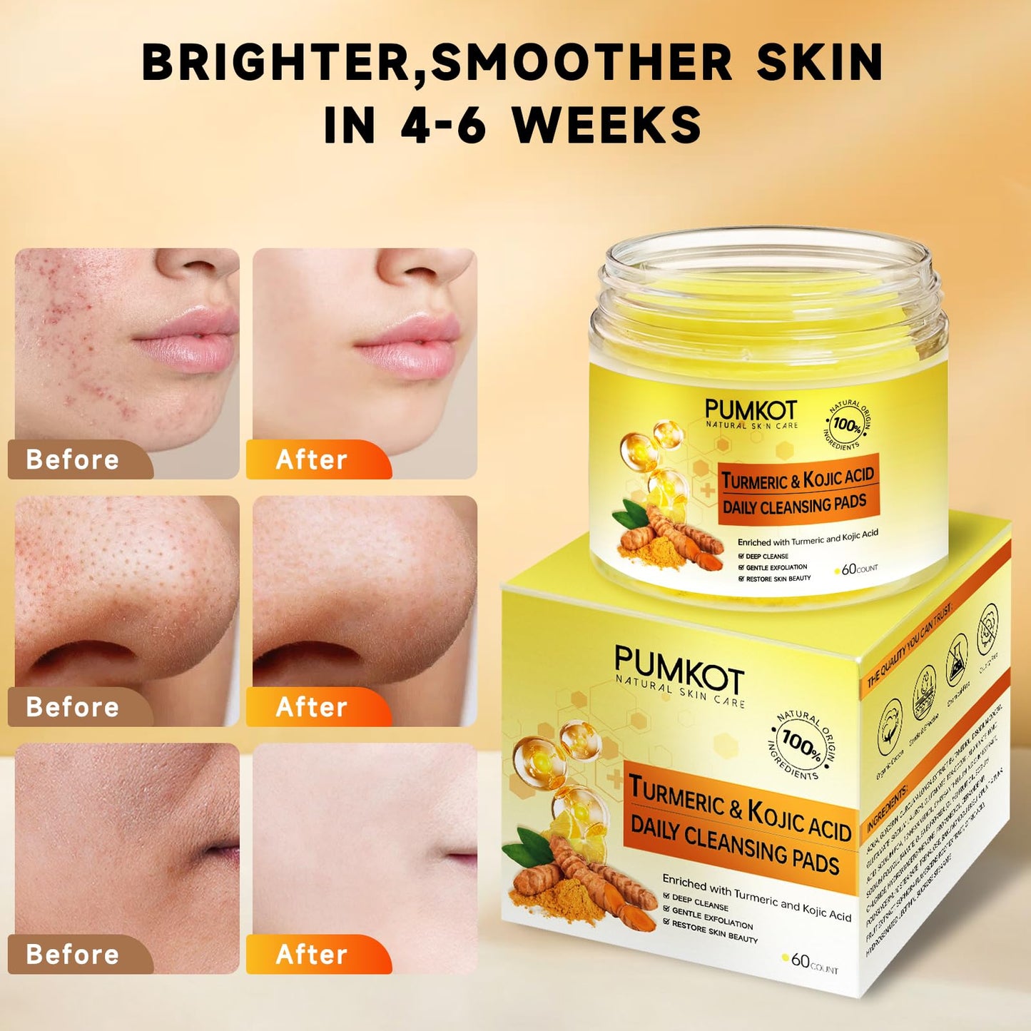 Pumkot Turmeric Kojic Acid Cleansing Pads, Turmeric Face Scrub Pads Enriched with Kojic Acid, 60PCS