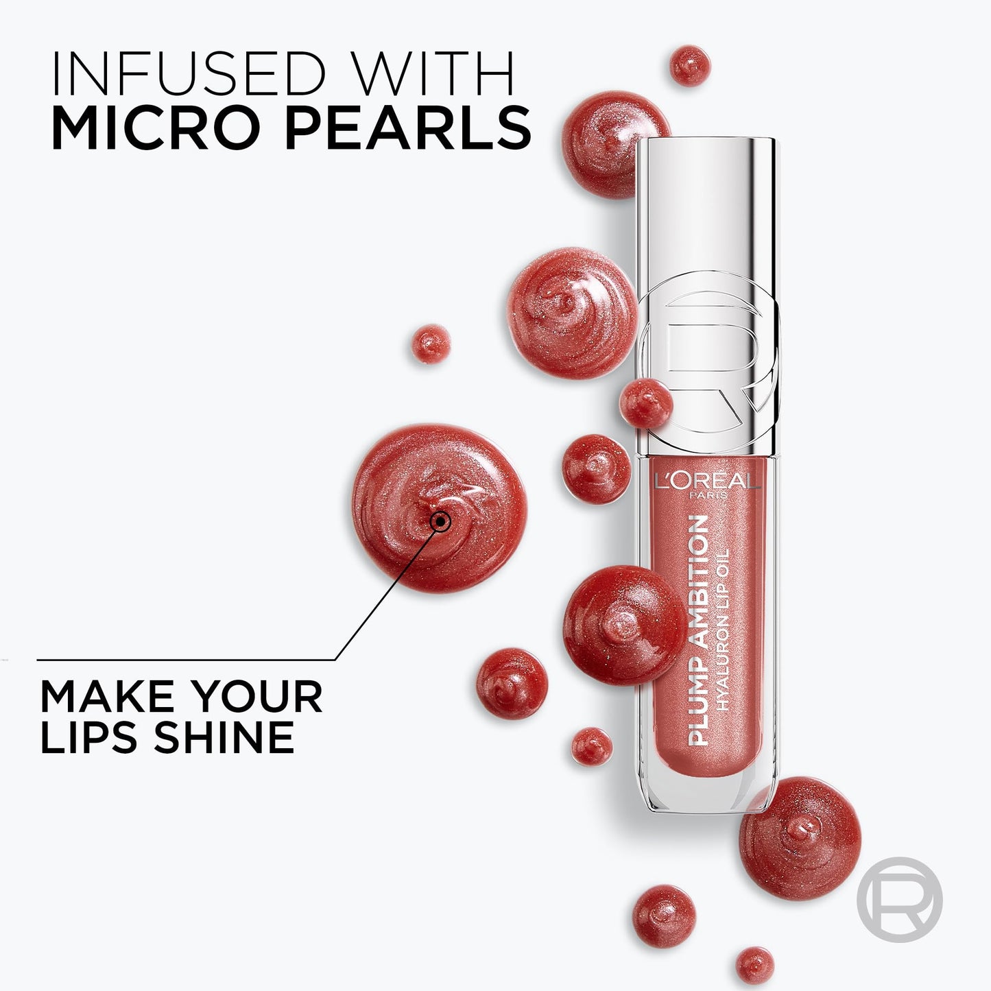 L'Oreal Paris Plump Ambition Hyaluron Lip Oil Shimmer, 24 HR Lip Gloss with Hyaluronic Acid, Volumizing Formula with Glass-Like Shine, Peach Lights,