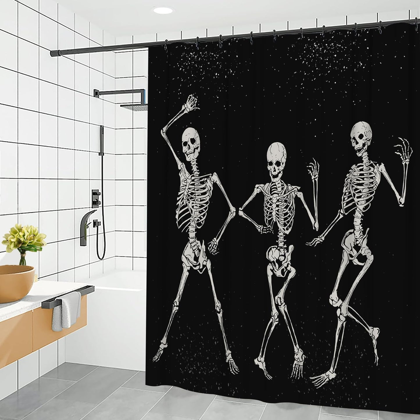 Skull Black White Shower Curtain Happy Halloween Skulls Skeleton Spanish Shower Curtain for Day of The Dead All Saints Day Waterproof Fabric Bathroom…