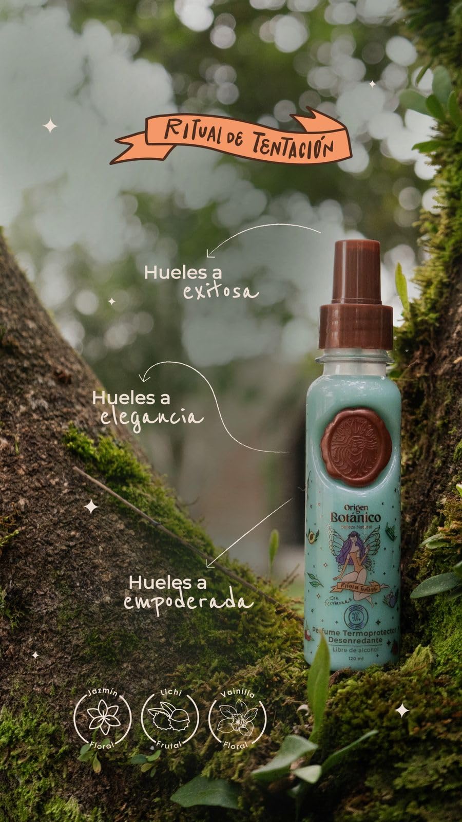 Origen Botánico Perfume Termoprotector para Cabello, Sin Alcohol, Antifrizz, Desenredante, Protección solar, Con Feromonas, Aroma Ritual de Tentación