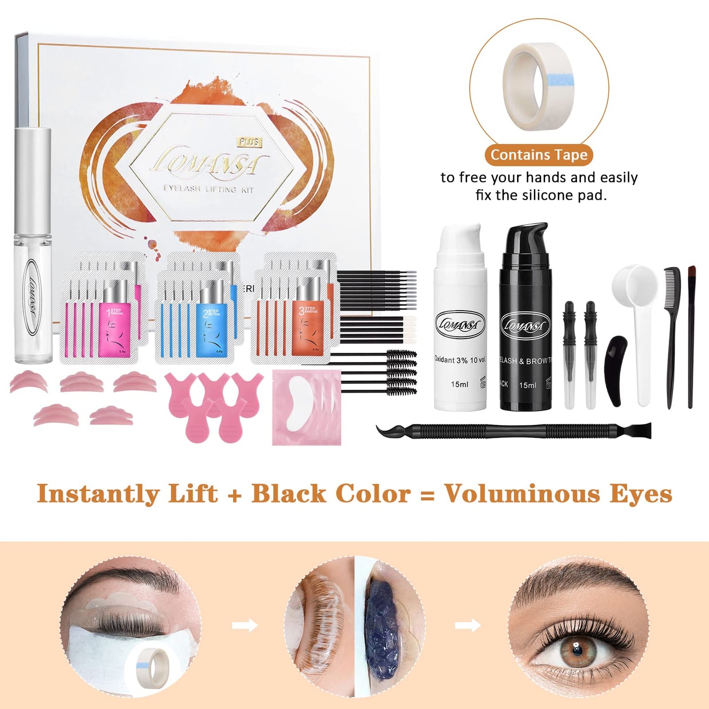 Lomansa Lash Lift and Black Kit, Instant Fuller Eyelash Lift Brow Lamination Kit with Black Colors, Fast Quick Lifting and Voluminous Coloring