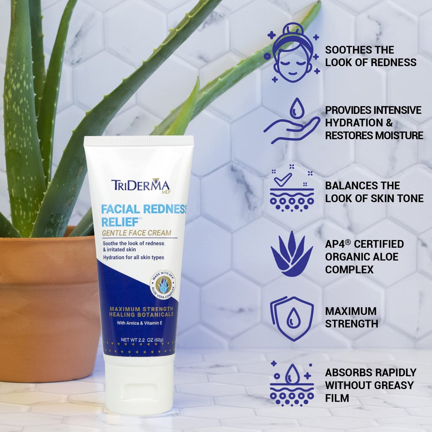 TriDerma Facial Redness Relief Gentle Face Cream, Soothing & Relieving Daily Moisturizer for Redness, Repair Uneven Skin Tone, Irritated or Sensitive