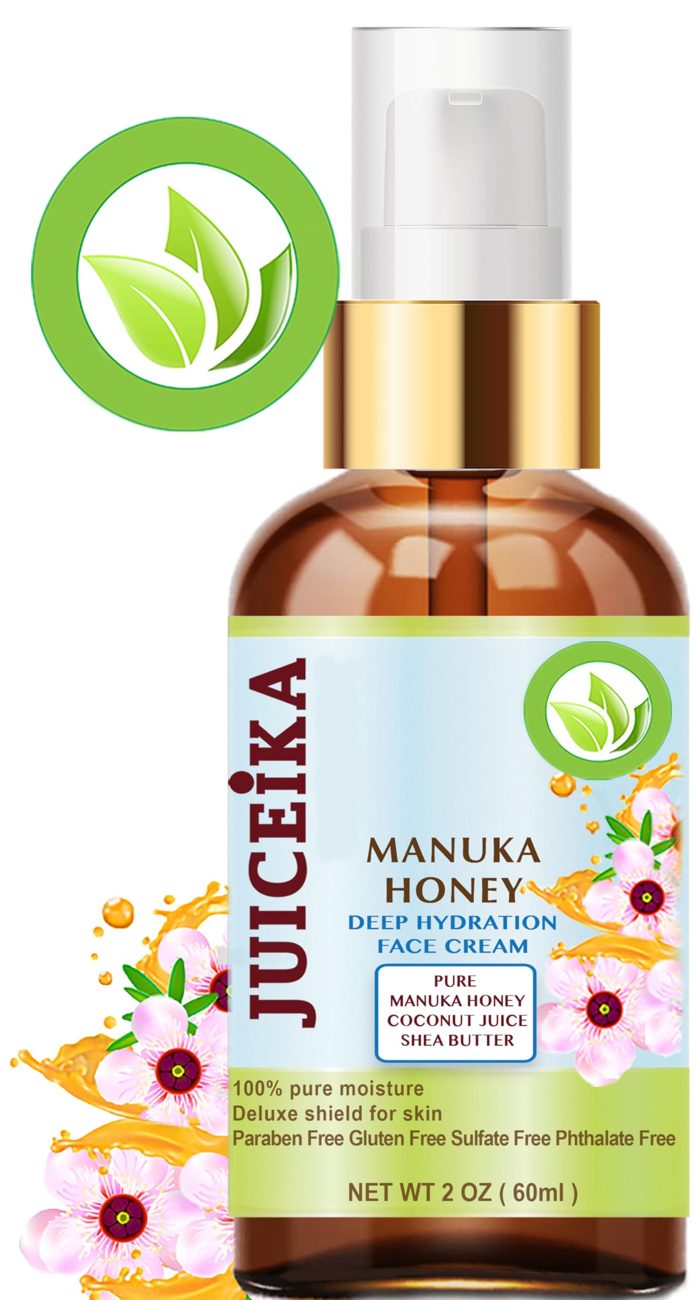 Juiceika MANUKA HONEY Deep Hydration Face Cream Face Moisturizer. Manuka Oil, Aloe Vera, Shea Butter, Coconut Oil, Jojoba Oil, Squalane, Hyaluronic
