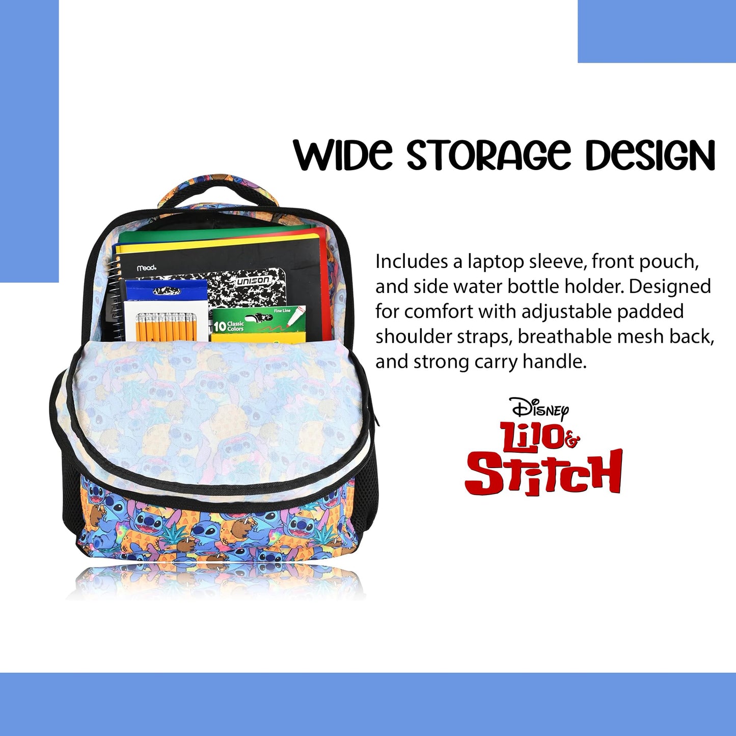 Disney Lilo and Stitch Backpack - Lilo and Stitch Ohana - Backpack for Girls, Boys, Teens, Adults - Officially Licensed Lilo and Stitch Backpacks For School - Great For Gym, Park and Camp (Light Blue)