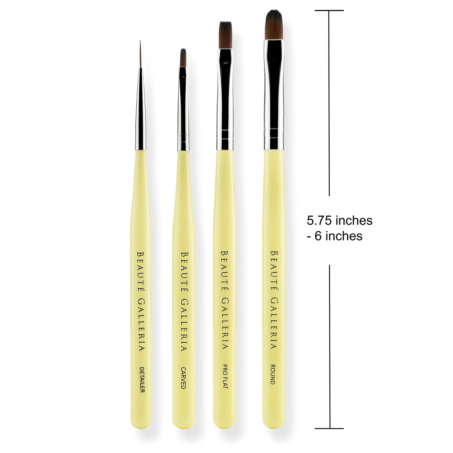 Beaute Galleria 4-Piece UV Gel Nail Art Brush Set - Pro Flat, Carved, Detailer, Round for Fine Line, Detailer, Outline, Striping, Polygel Nails, Gel